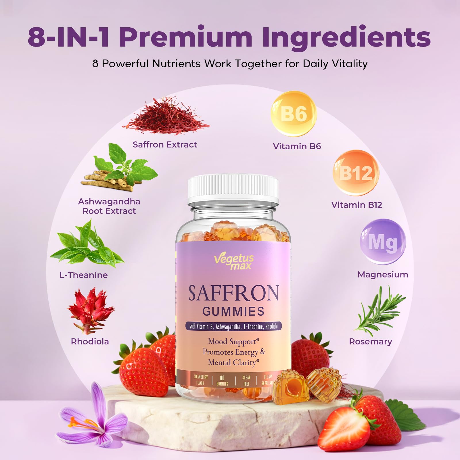 Saffron Supplements Gummies, 88.5mg Pure Saffron Extract with Ashwagandha L-Theanine Rhodiola Rosemary Magnesium Vitamin B6 B12 for Mood Focus Support Adults Kids - 60 Count VEGETUSMAX uk supplements