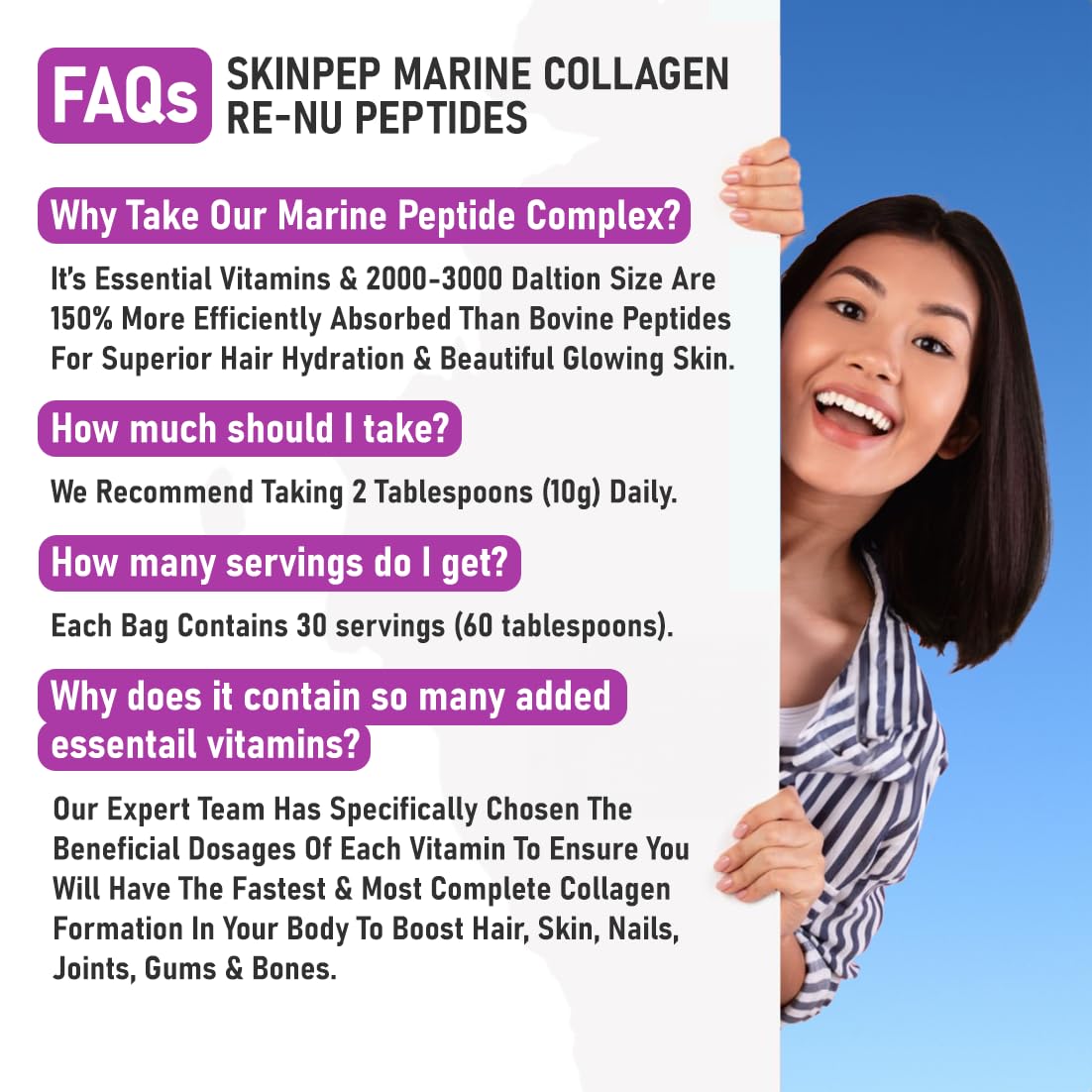 Premium Hydrolysed Marine Collagen Peptide Powder + VIT C, B Complex Hyaluronic Acid, & Stevia. Delicious Taste/No Fishy Smell - SkinPep® Collagen Re-Nu 300g - 30 Days Supply SkinPep uk supplements