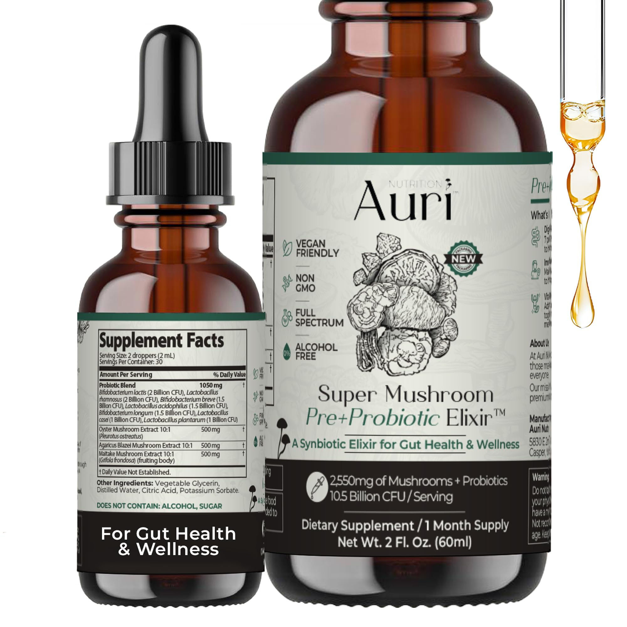 Auri Nutrition Super Mushroom Pre+Probiotic Elixir – 3-in-1 Gut Health Supplement w/7 Probiotic Strains, Prebiotic Mushrooms & Postbiotic Support – Vegan