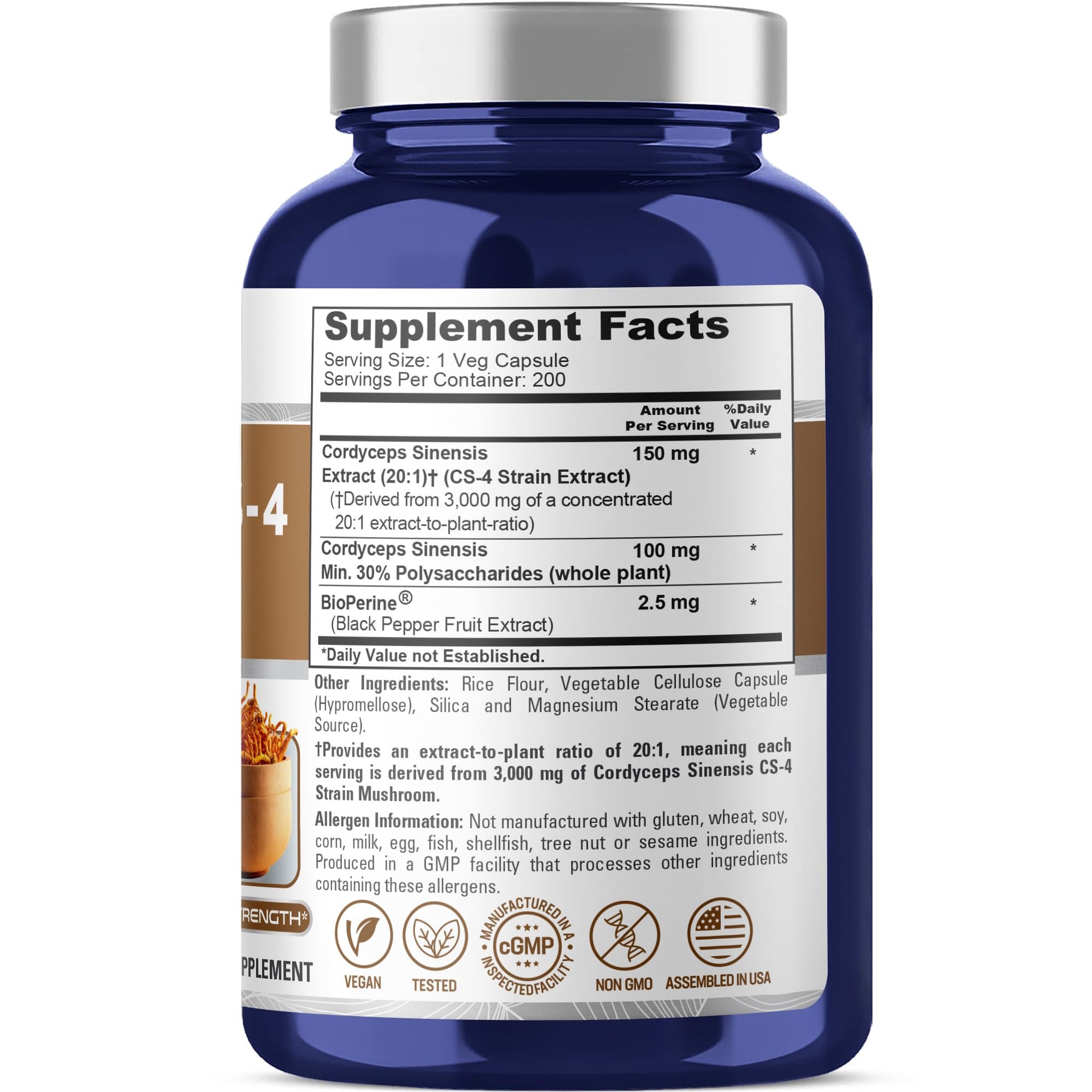NusaPure Cordyceps 20:1 Extract, 150 mg Equivalent to 3,000mg 200 Veggie Capsules (Sinensis CS-4, Non-GMO, Vegan) Bioperine NusaPure uk supplements