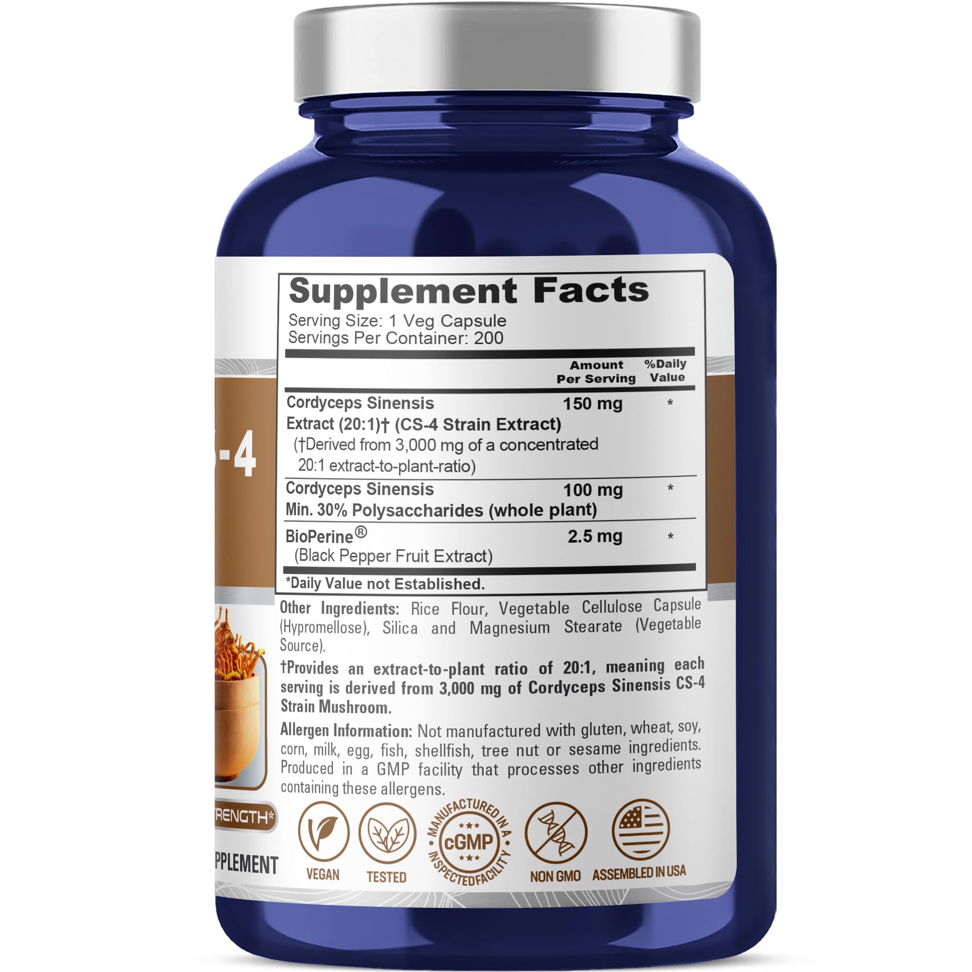 NusaPure Cordyceps 20:1 Extract, 150 mg Equivalent to 3,000mg 200 Veggie Capsules (Sinensis CS-4, Non-GMO, Vegan) Bioperine NusaPure uk supplements
