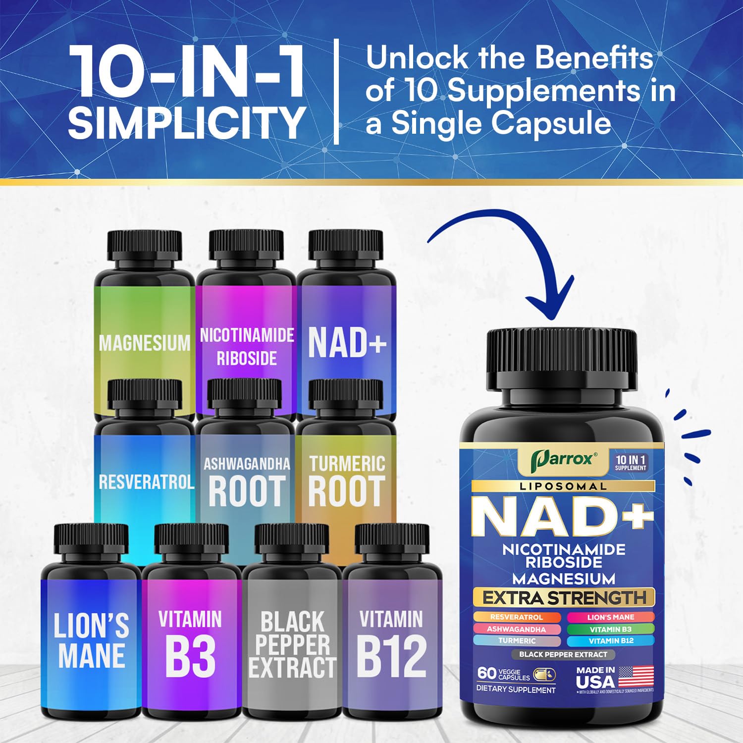 Parrox NAD+ Supplement with Liposomal NAD+, Nicotinamide Riboside, Magnesium, Vitamin B3 & B12, Resveratrol, Turmeric, Ashwagandha, Lion’s Mane,10-in-1 Extra Strength Parrox uk supplements