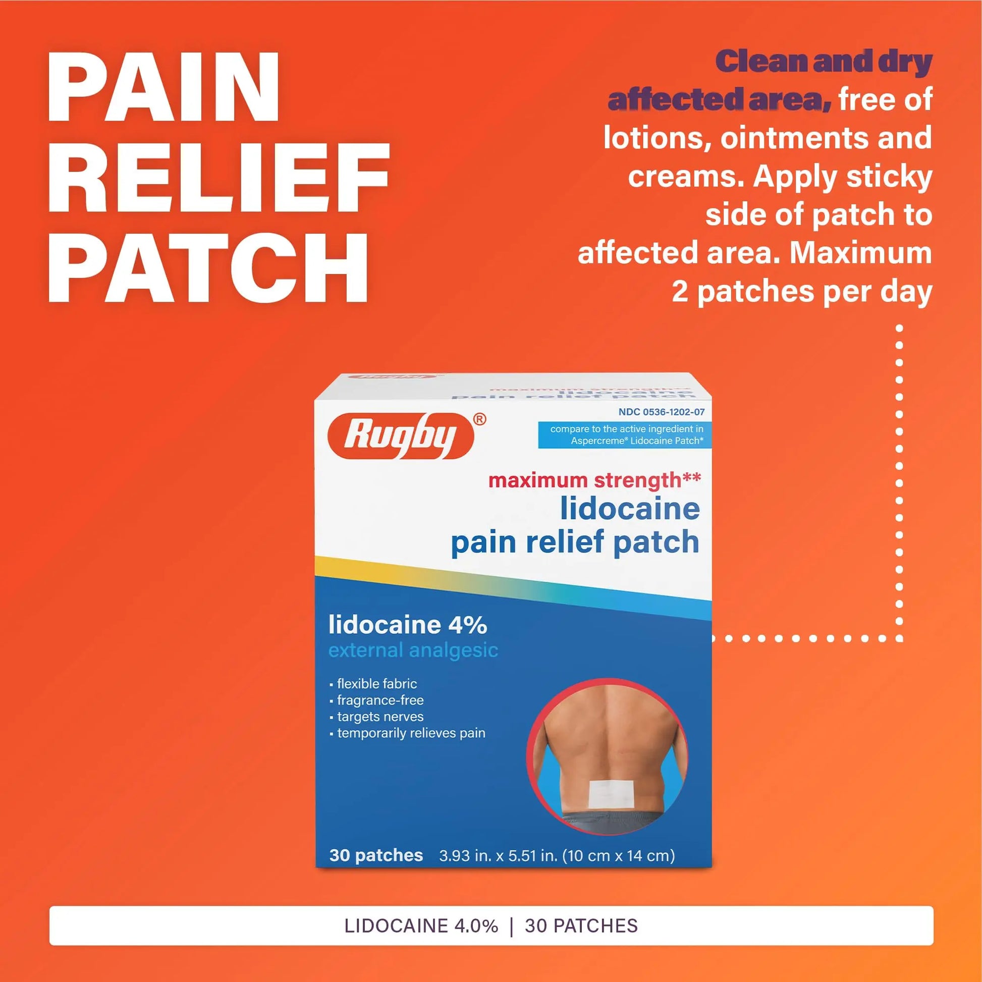 Rugby Maximum Strength Lidocaine Pain Relief Patch - 4% Lidocaine - Topical Anesthetic - Unscented - 30 Patches (1 Pack) RUGBY LABORATORIES uk supplements