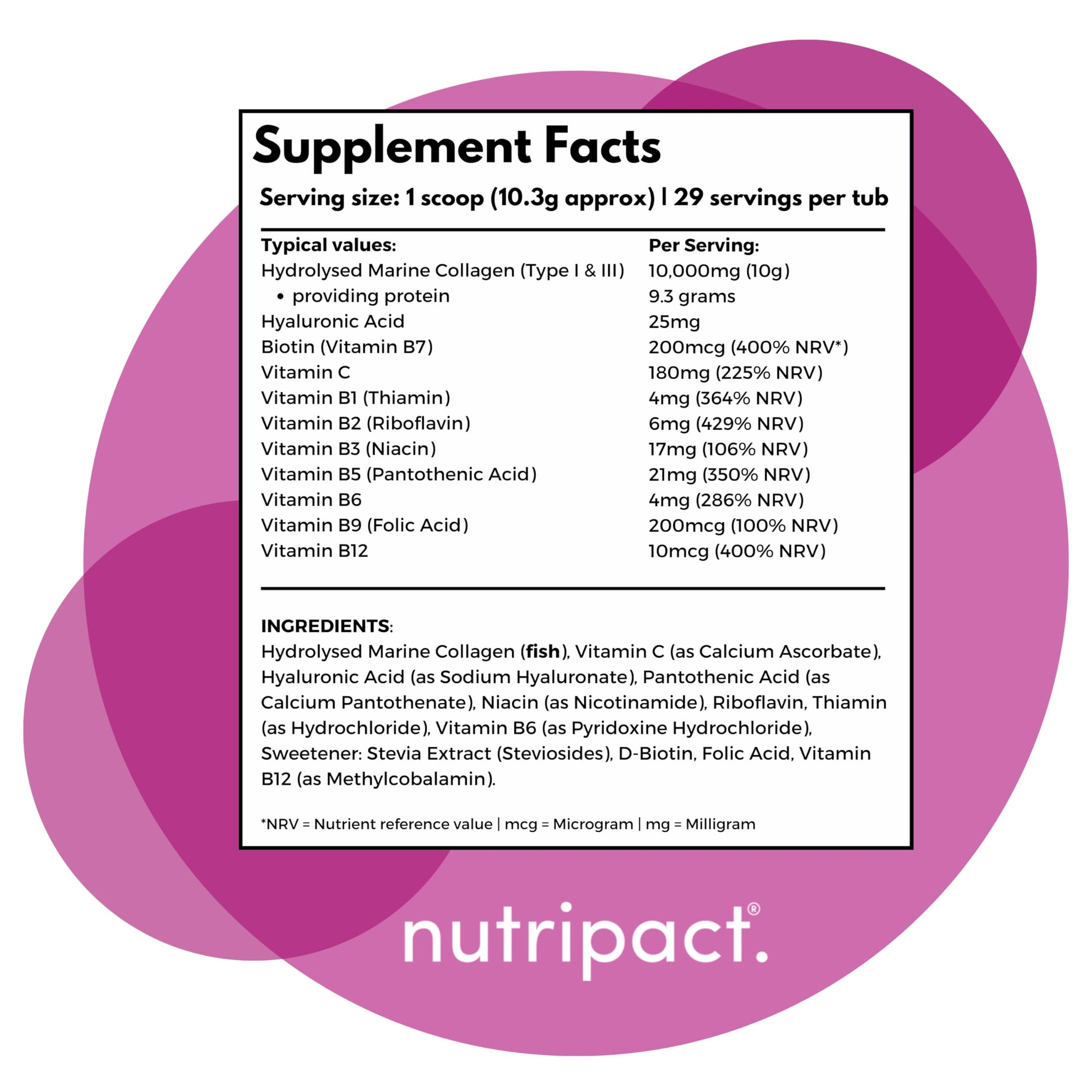 Hydrolysed Marine Collagen Peptides Powder with Hyaluronic Acid, Biotin, Vitamin C & B Vitamins – 10,000mg Collagen nutripact uk supplements
