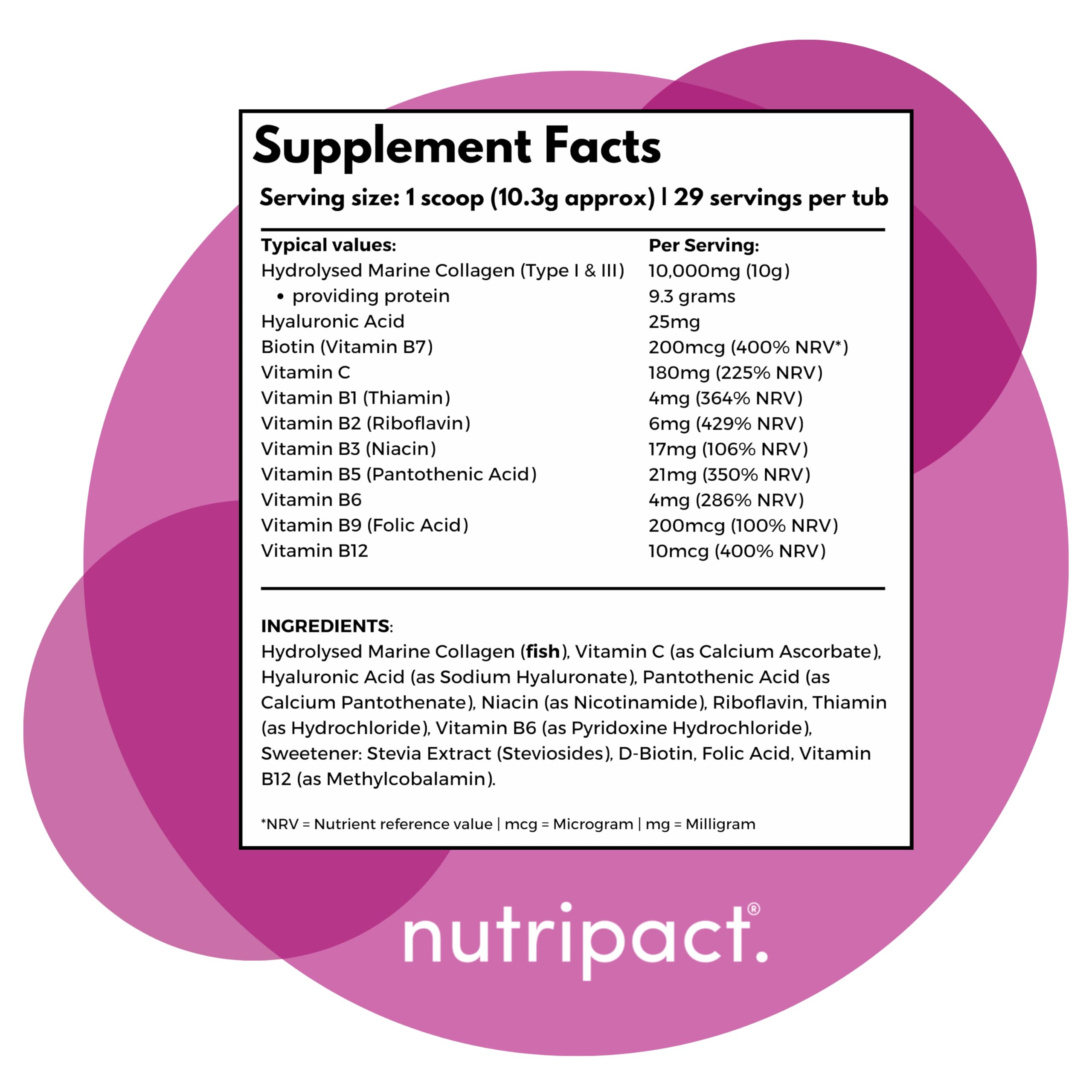 Hydrolysed Marine Collagen Peptides Powder with Hyaluronic Acid, Biotin, Vitamin C & B Vitamins – 10,000mg Collagen nutripact uk supplements