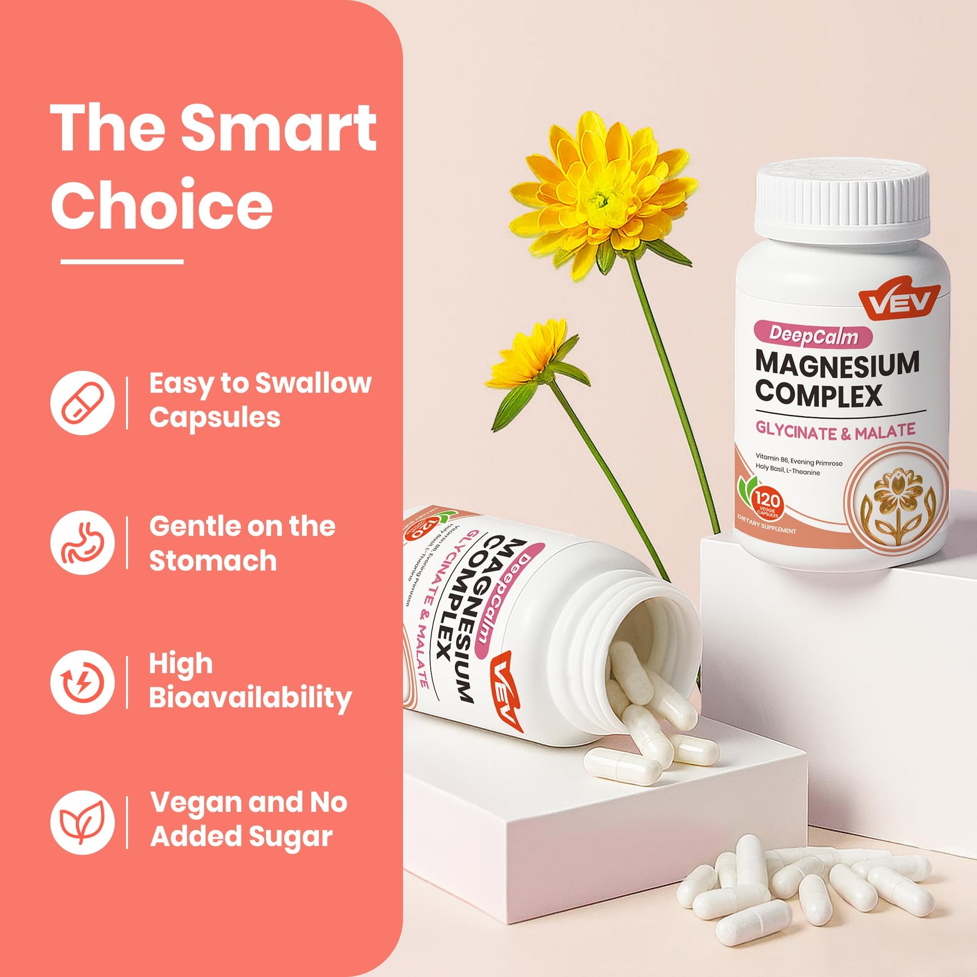 VEV Deep Calm Magnesium Complex for Women – Glycinate, Malate, B6, L-Theanine & Holy Basil – Support for Daily Magnesium & Stress Relief – 120 Vegan Capsules VEV uk supplements