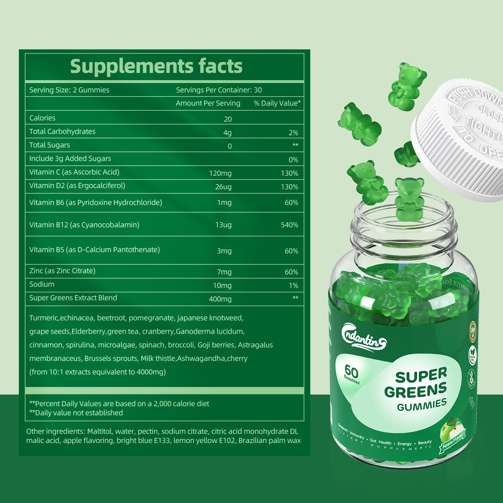 Multivitamin Super Greens Gummies - Daily Vegan Gummy Vitamins for Women, Apple Flavor | Organic Blend with Vitamin C, Turmeric, Zinc, Immune Support, Energy Booster, Metabolism | 60 Count CNDANTING uk supplements
