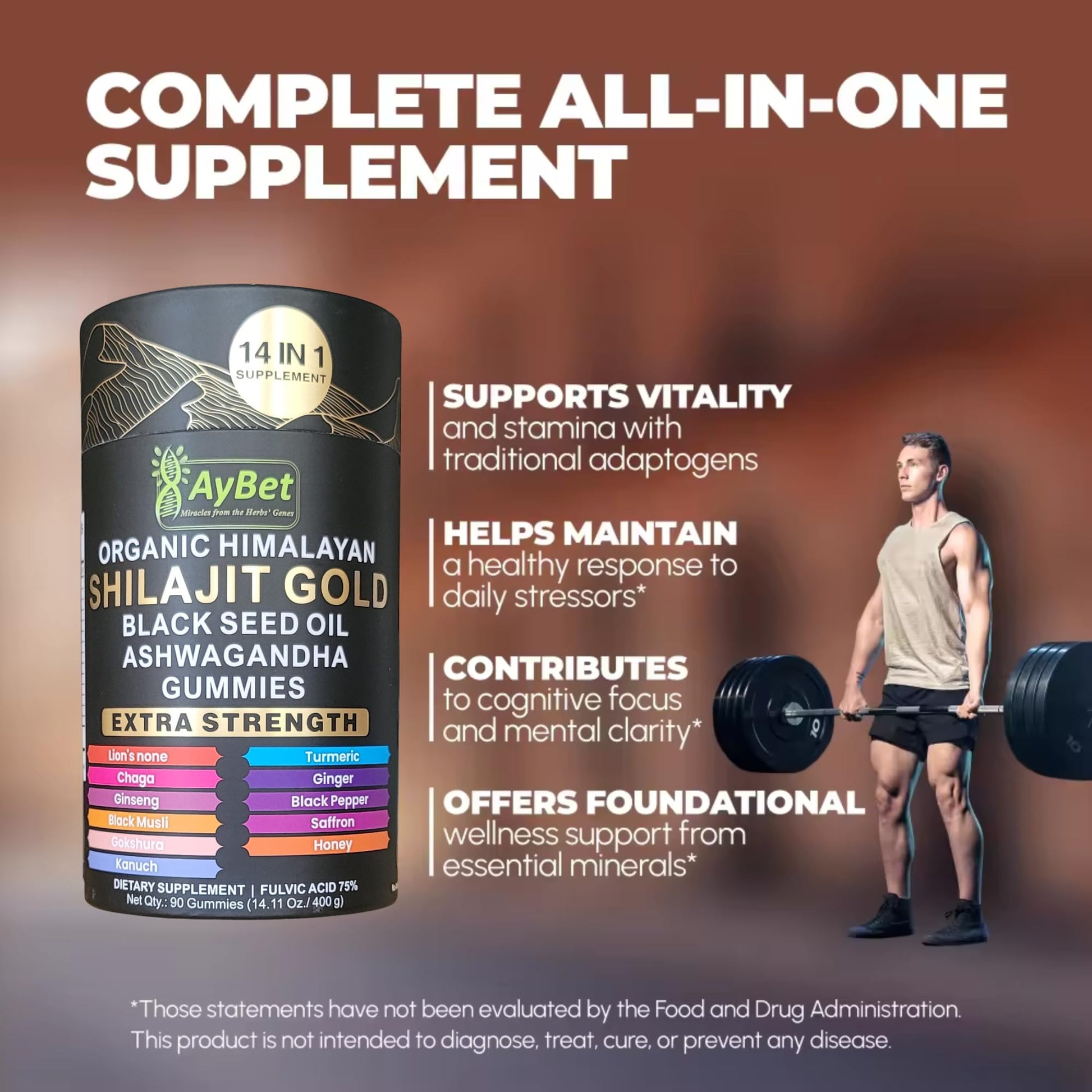 AyBet Organic Himalayan Shilajit Gold Gummies for Men and Women, Black Seed Oil, Ashwagandha, Ginseng, Turmeric, Gokshura, Lion's None, Lab Tested,%75 Fulvic Acid, No Sugar Added, Halal, 90Gummy AyBet uk supplements