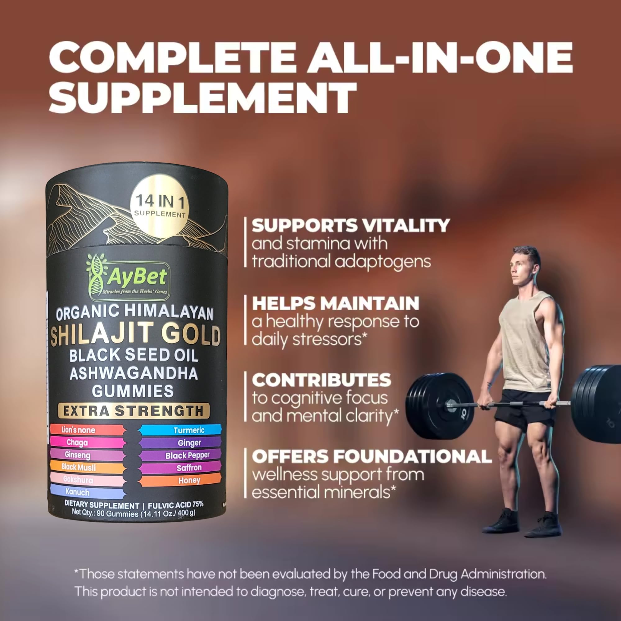 AyBet Organic Himalayan Shilajit Gold Gummies for Men and Women, Black Seed Oil, Ashwagandha, Ginseng, Turmeric, Gokshura, Lion's None, Lab Tested,%75 Fulvic Acid, No Sugar Added, Halal, 90Gummy AyBet uk supplements