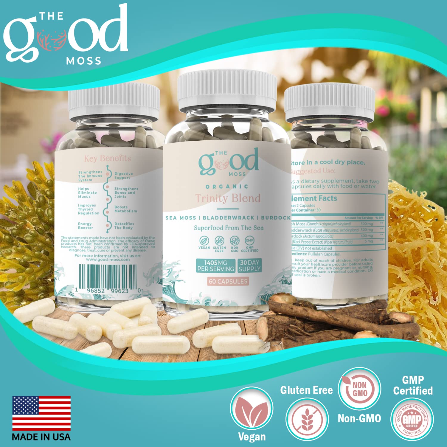 Trinity Blend Superfood -Sea Moss, Bladderwrack and Burdock Root Supplement for Overall Health Support, Hair, Skin and Nails 60ct The Good Moss uk supplements