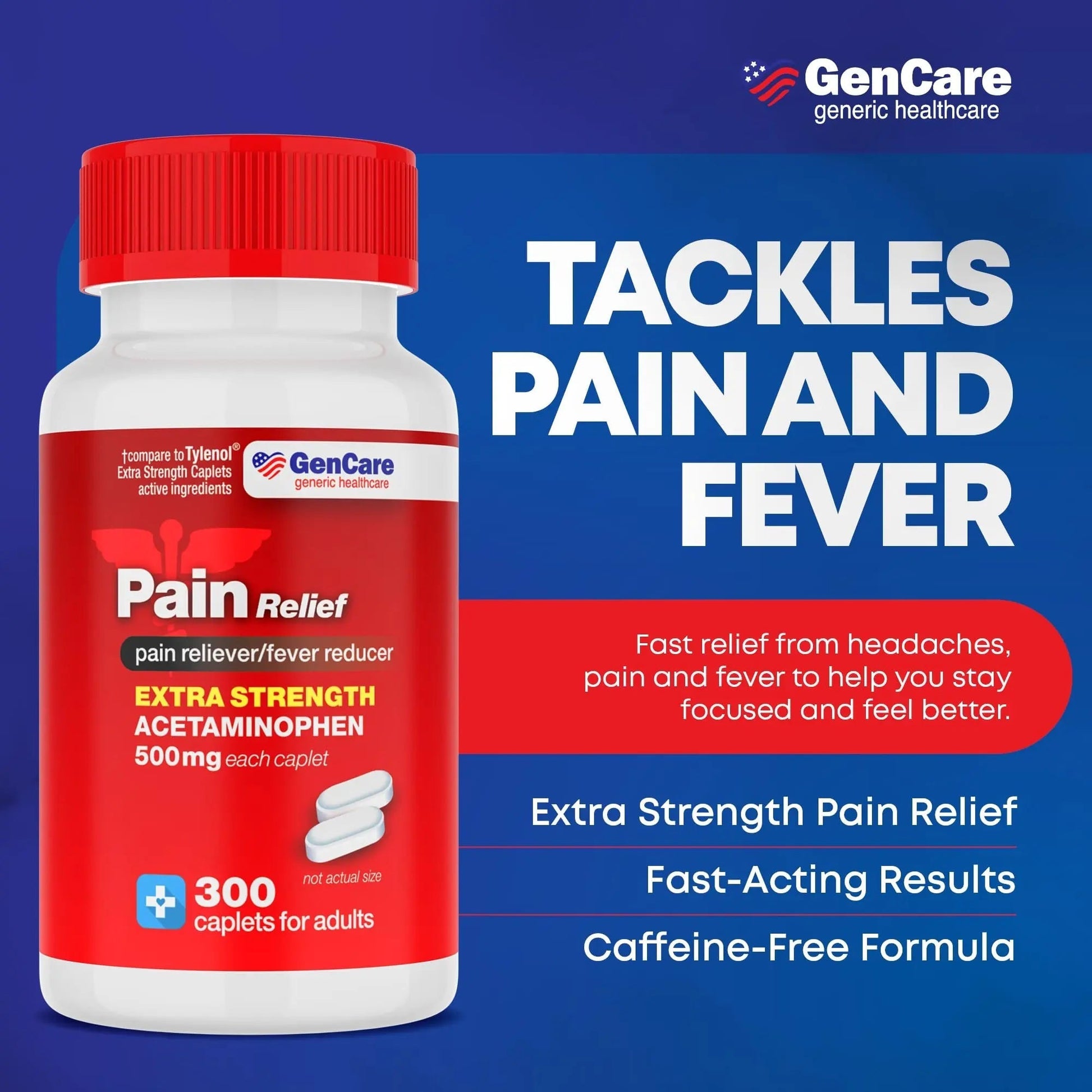 GenCare - Acetaminophen 500mg Extra Strength Pain Relief (300 Caplets) - Multi Symptom Pain Reliever for Headache, Sinus, Arthritis, Back Pain Muscle Ache, Toothache, Fever Reducer, Migraine GenCare uk supplements