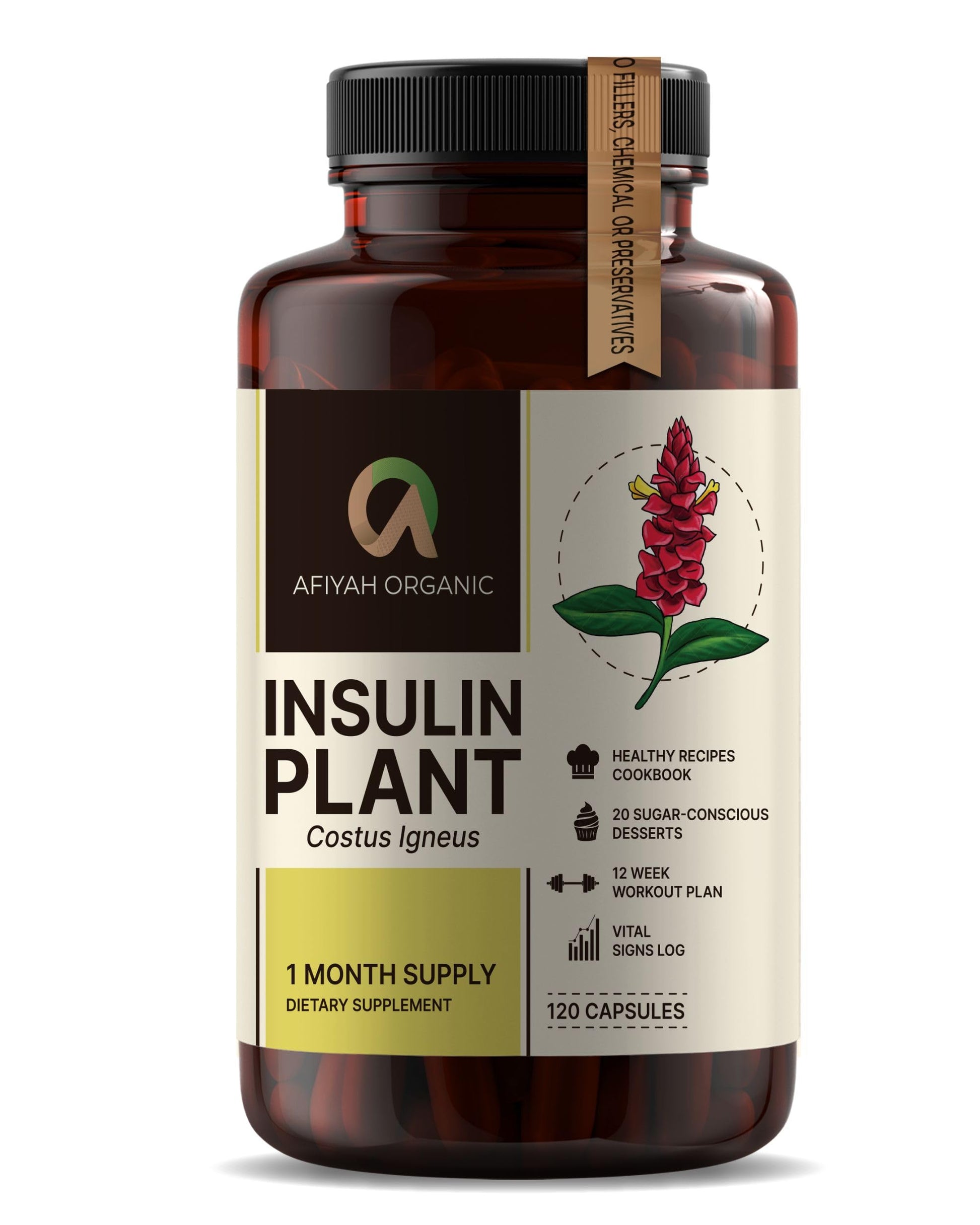 Afiyah Organic - Premium Quality Costus Igneus (Insulin Plant) Capsules - Easy to Swallow 120 Veggie Capsules (1 Month Supply) - Made in the USA - Including Complete Health Support Program Afiyah Organic uk supplements