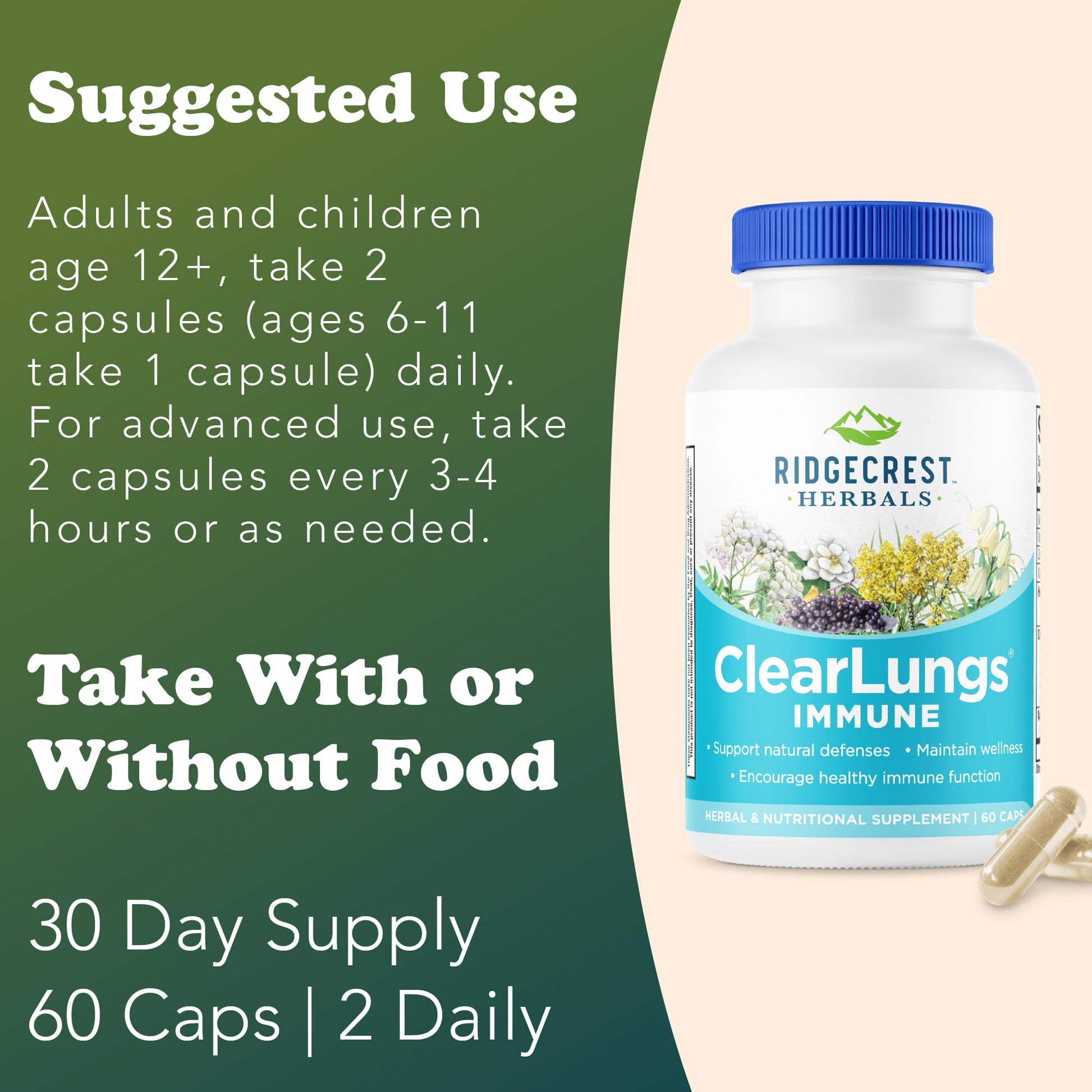 RidgeCrest Herbals ClearLungs Immune, Lung Support Supplement with Elderberry, Zinc, Vitamin C, Vitamin A, Olive Leaf, Mullein, Lung Wellness Formula for Respiratory Health (60 Vegan Caps, 30 Serv) RidgeCrest Herbals uk supplements