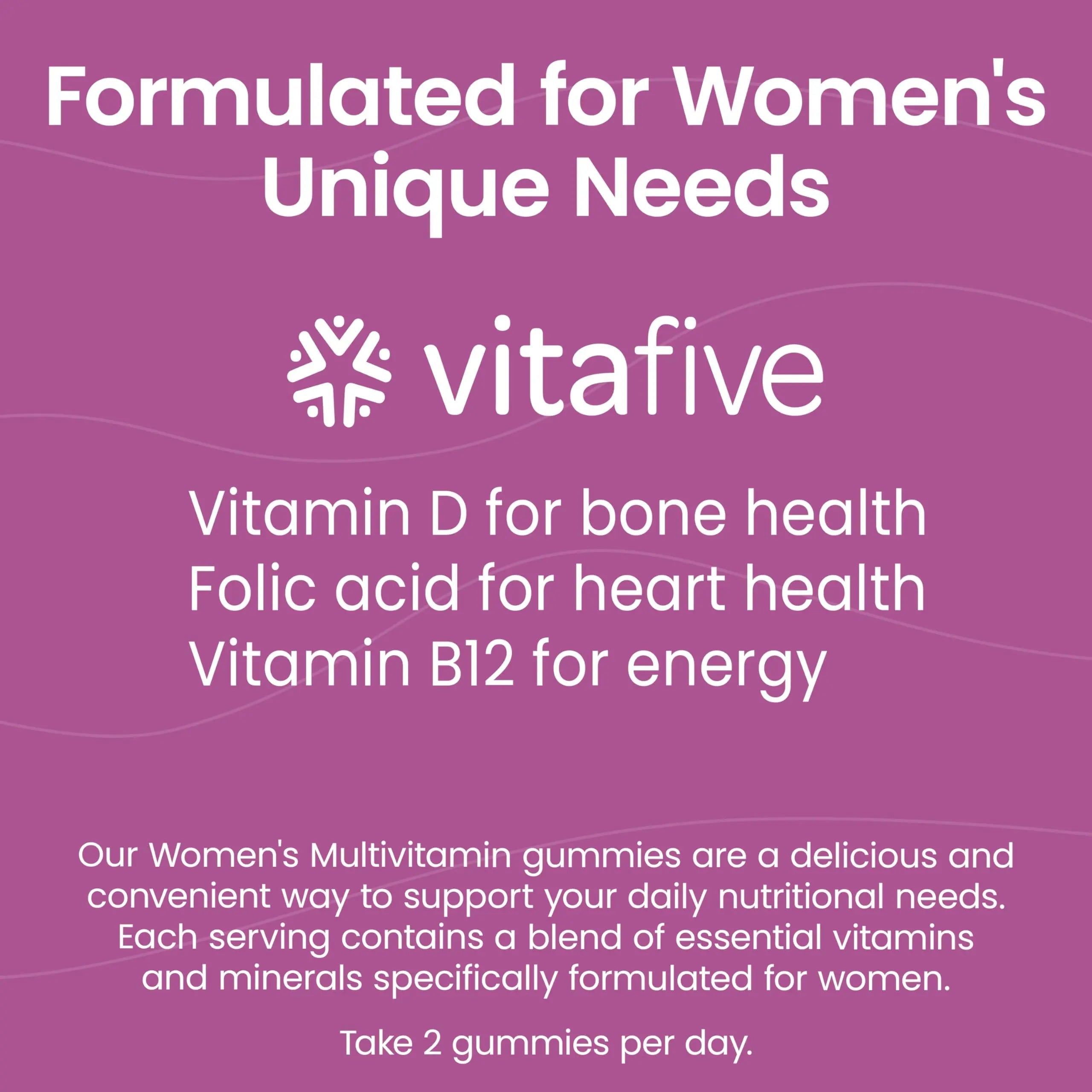 vitafive Women's Multivitamin Gummies, Best Multivitamin for Women with Biotin, D3, B12, Zinc, Low Sugar, Gluten Free (50 Ct) vitafive uk supplements