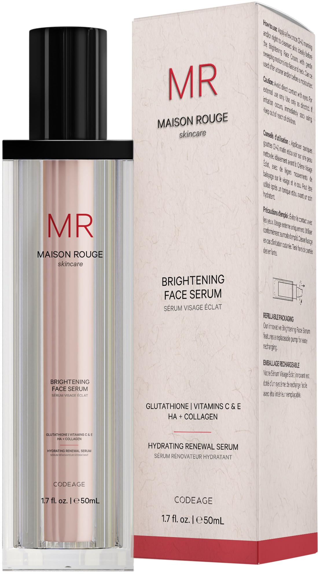 Maison Rouge Brightening Face Serum by Codeage - Glutathione Serum, Vitamin C, E, Hyaluronic Acid, Collagen - Radiance Enhancing - Parabens and Sulfates-Free - Refillable - All Skin Types - 1.7 fl oz Codeage uk supplements