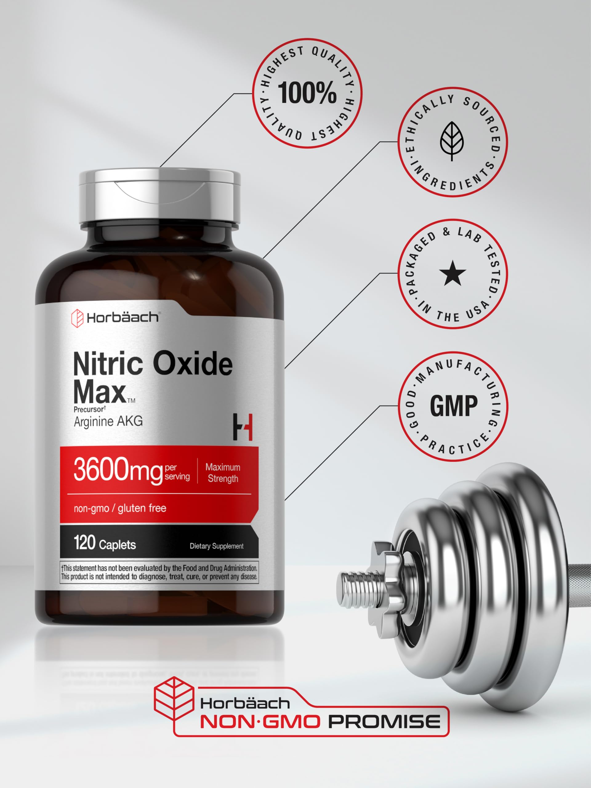 Horbäach Nitric Oxide Max 3600mg | 120 Caplets | with Arginine AAKG for Men and Women | Vegetarian, Non-GMO Horbäach uk supplements