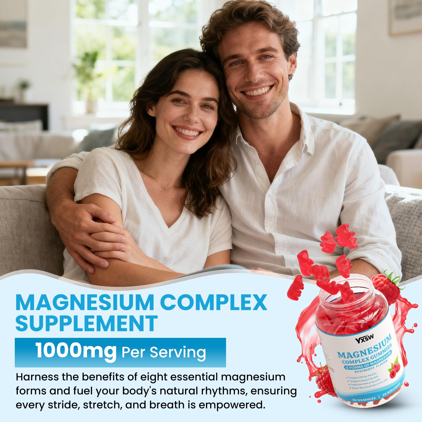 Magnesium Complex Gummies 8 Elemental 1000mg - Magnesium Glycinate, Citrate, Malate, Taurate, Supports Bones, Muscle, Nerve Health, for Women & Men, Vegan Non-GMO, Raspberry Flavor, 60 Count YXSW uk supplements