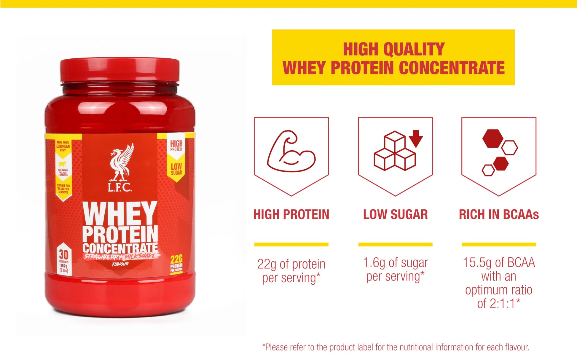 LFC Whey Protein Powder Strawberry Flavour 908g 15.5g Naturally-Occurring BCAAs 21g Protein Vector Consumer uk supplements