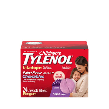 Children's Tylenol Chewables with 160 mg Acetaminophen, Pain Reliever & Fever Reducer for Kids' Cold + Flu Symptoms, Headache, Sore Throat & Toothache, Aspirin-Free, Grape Flavor, 24 ct Tylenol uk supplements