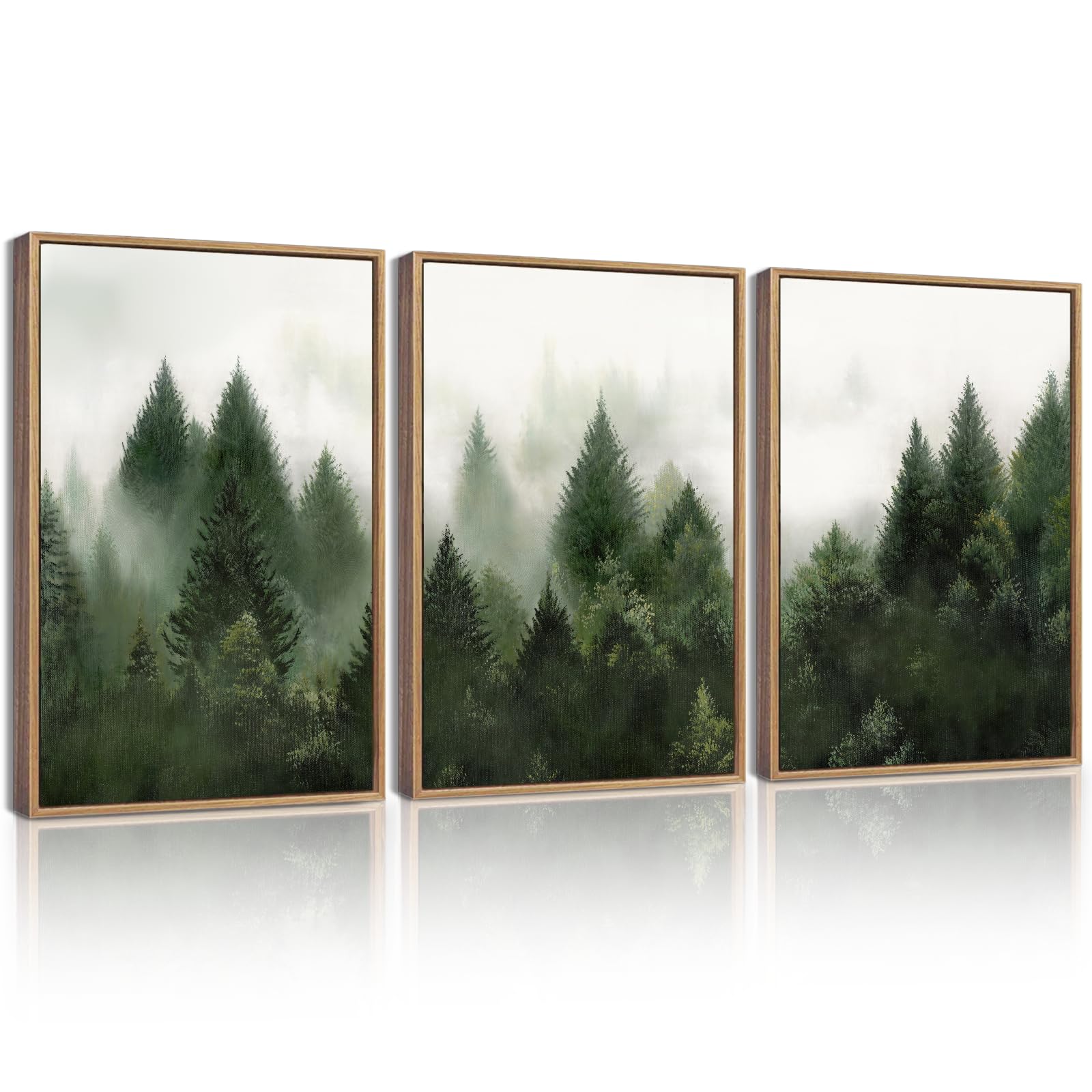 KUVIOKE Morden Green Fog Pine Tree Framed Canvas Wall Art Nature Nordic Forests Artwork Painting Bedroom Decor 12x16in (Natural Framed) KUVIOKE uk supplements