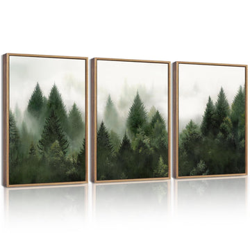 KUVIOKE Morden Green Fog Pine Tree Framed Canvas Wall Art Nature Nordic Forests Artwork Painting Bedroom Decor 12x16in (Natural Framed) KUVIOKE uk supplements