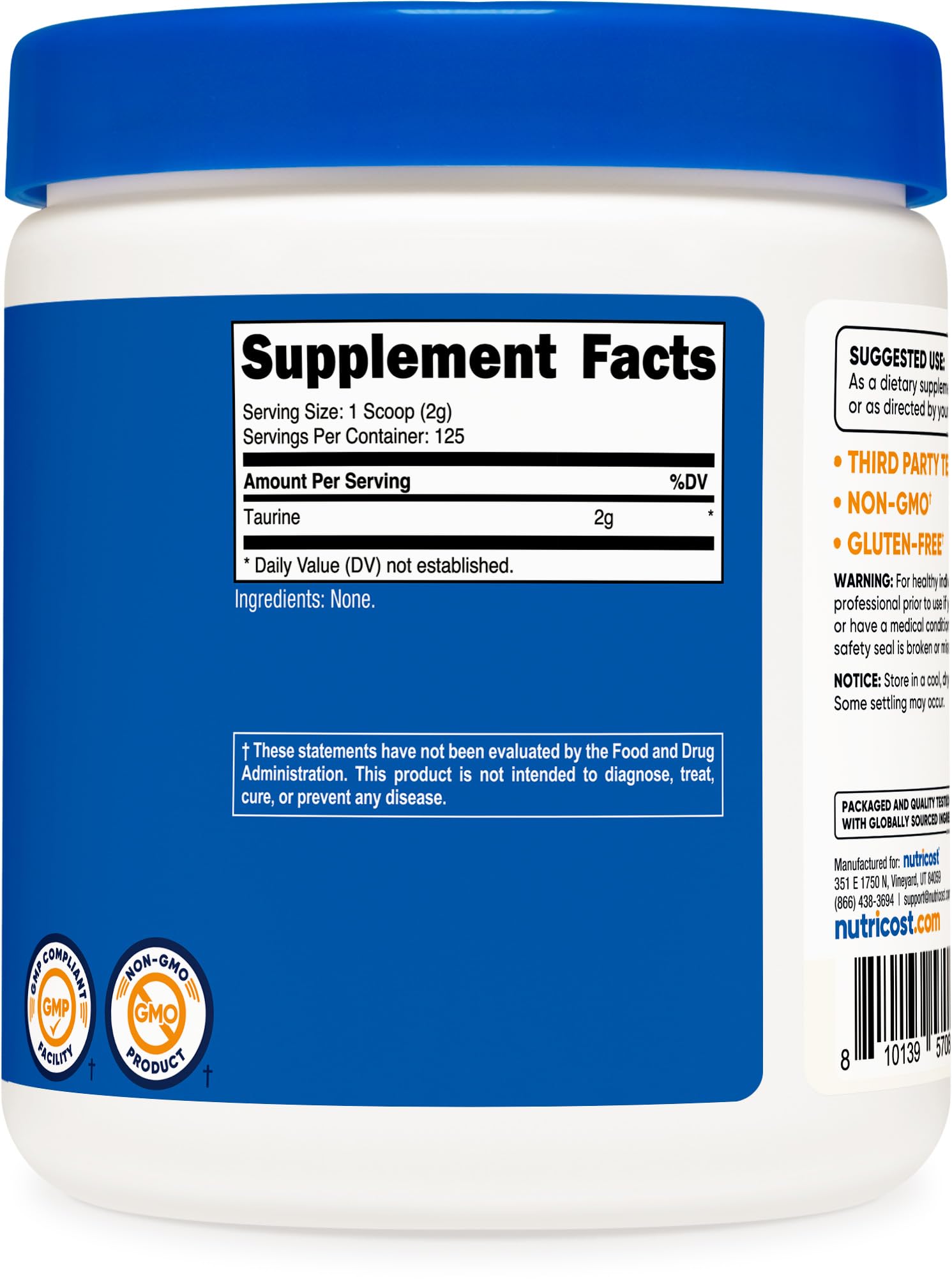 Nutricost Taurine Powder 250 Grams - 125 Servings, 2000mg Per Serving Nutricost uk supplements