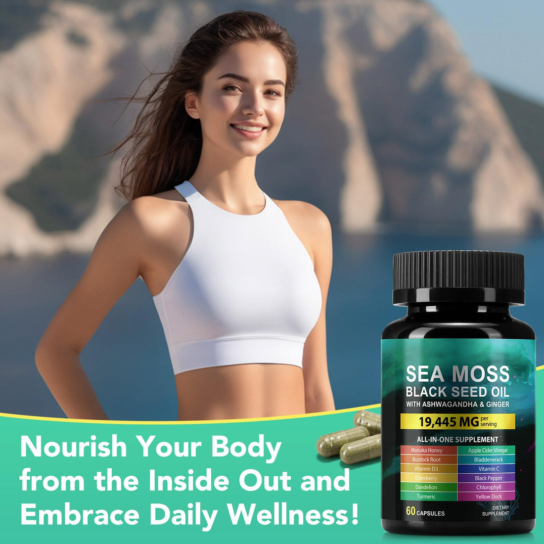 Sea Moss Black Seed Oil Ashwagandha Ginger Capsules, Seamoss Capsules Supplement with Bladderwrack Burdock & Vitamin C Vitamin D3 for Women & Men-Enhanced Immunity,60 Counts Vceeoy uk supplements