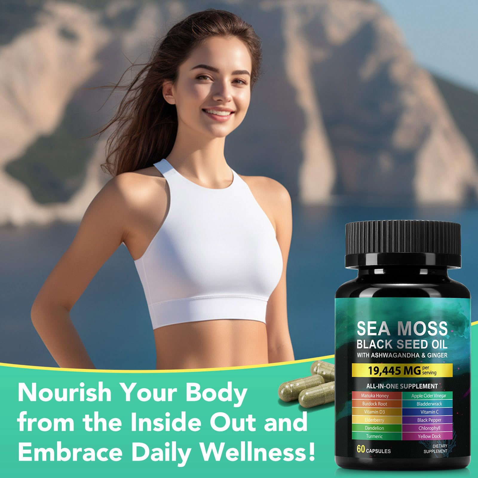 Sea Moss Black Seed Oil Ashwagandha Ginger Capsules, Seamoss Capsules Supplement with Bladderwrack Burdock & Vitamin C Vitamin D3 for Women & Men-Enhanced Immunity,60 Counts Vceeoy uk supplements