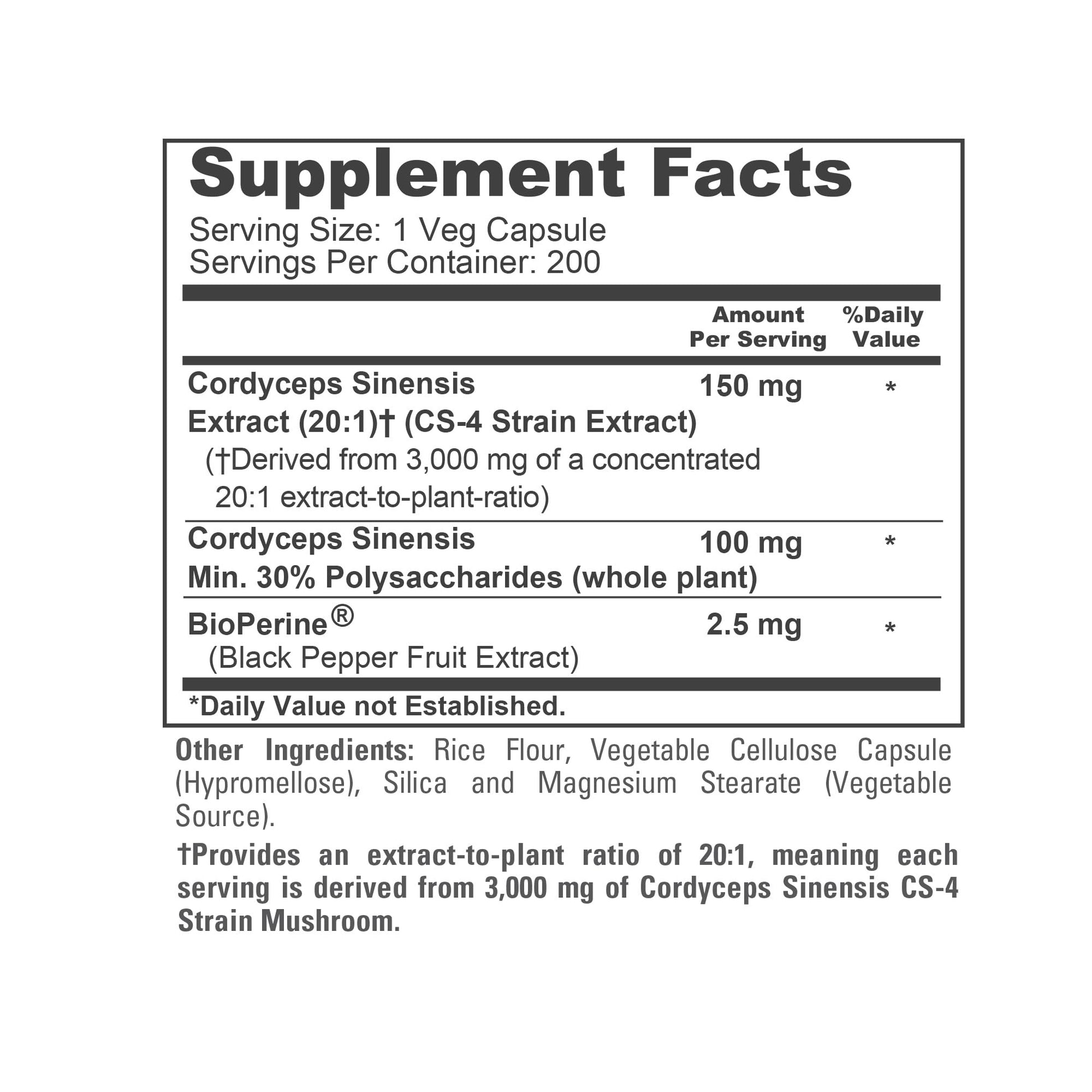 NusaPure Cordyceps 20:1 Extract, 150 mg Equivalent to 3,000mg 200 Veggie Capsules (Sinensis CS-4, Non-GMO, Vegan) Bioperine NusaPure uk supplements