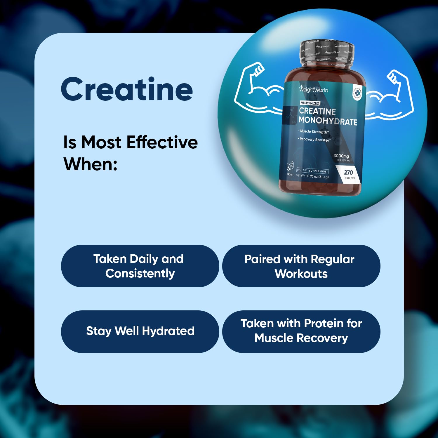 WeightWorld Micronized Creatine Monohydrate 3000mg Vegan Tablets | Muscle Strength & Recovery Booster | 3 Months Supply - 270 Tabs | Creatine for Women & Men | Non-GMO, Gluten-Free | 3 Tablets a Day WeightWorld uk supplements