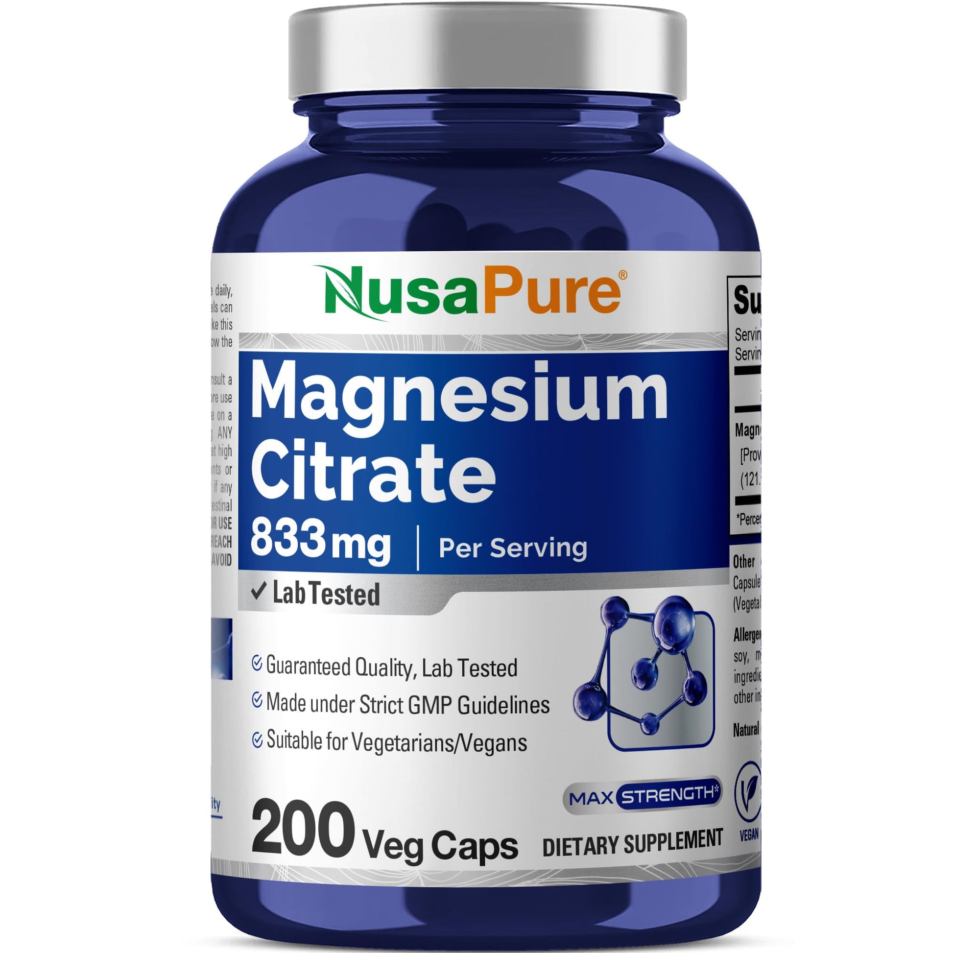 NusaPure Magnesium Citrate 833mg - 200 Veggie Capsules (Vegetarian, Non-GMO, Vegan) NusaPure uk supplements