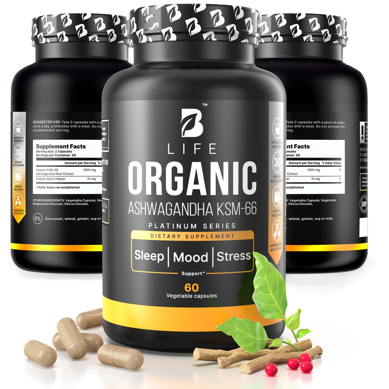 Organic Ashwagandha KSM-66 1000 mg Supplement | Adaptogen for Cortisol Support & Stress Relief | Mood, Calm & Sleep Aid for Men & Women | Ashwagandha ritual vitamins for women | 60 Vegan Caps B Life Company uk supplements
