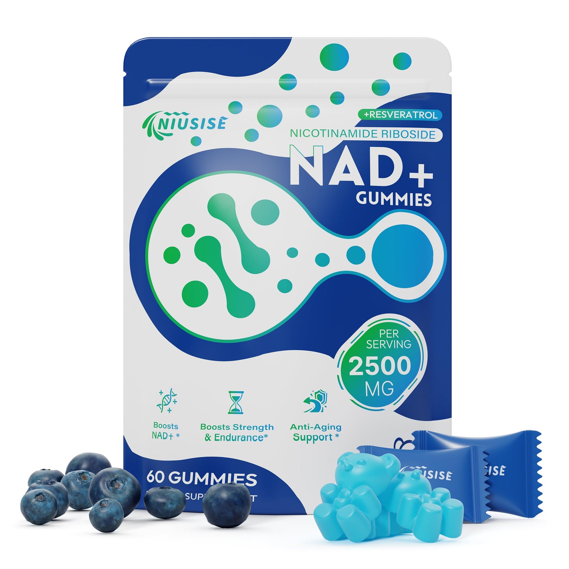 NIUSISE NAD Gummies Sugar Free, NAD+ Supplement with Liposomal Nicotinamide Riboside, Resveratrol, Quercetin, NAD Supplement for Anti-Aging, Energy, Cellular Health, Blueberry Flavor, 60 Gummies NIUSISE uk supplements