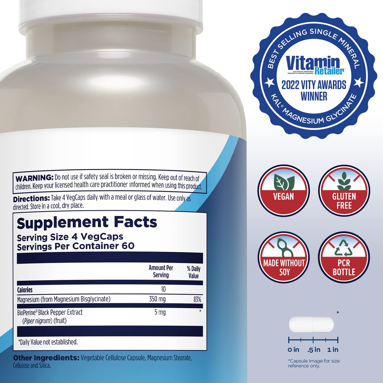 KAL Magnesium Glycinate, New & Improved Fully Chelated High Absorption Formula with BioPerine, Bisglycinate Chelate for Stress, Relaxation, Muscle & Bone Health Support, 60 Servings, 240 VegCaps KAL uk supplements