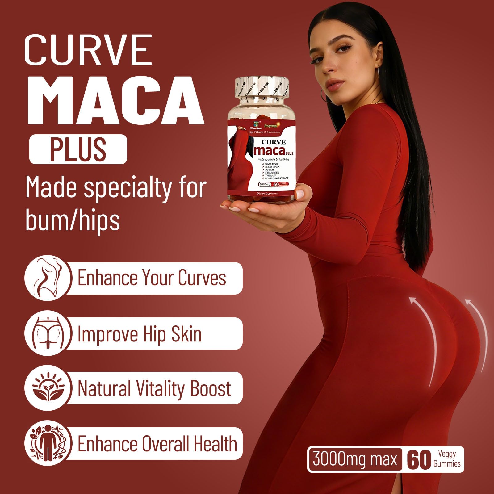 Wins Town Maca Plus Gummies 3000mg, Glute Boost Vitamins for Women, Supports Curves, Energy & Skin Health, Strawberry Flavor, Vegan, 60 Count Wins Town uk supplements