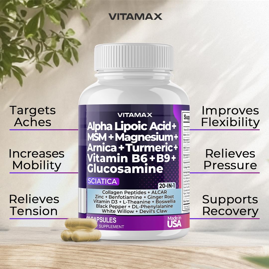 Sciatic Nerve Health Support - Sciatic Nerve Supplement Capsules with Folic Acid, Pea, Glucosamine, MSM, Vitamin B Complex, Alpha Lipoic Acid 300mg – 60ct – Made in USA Vitamax uk supplements