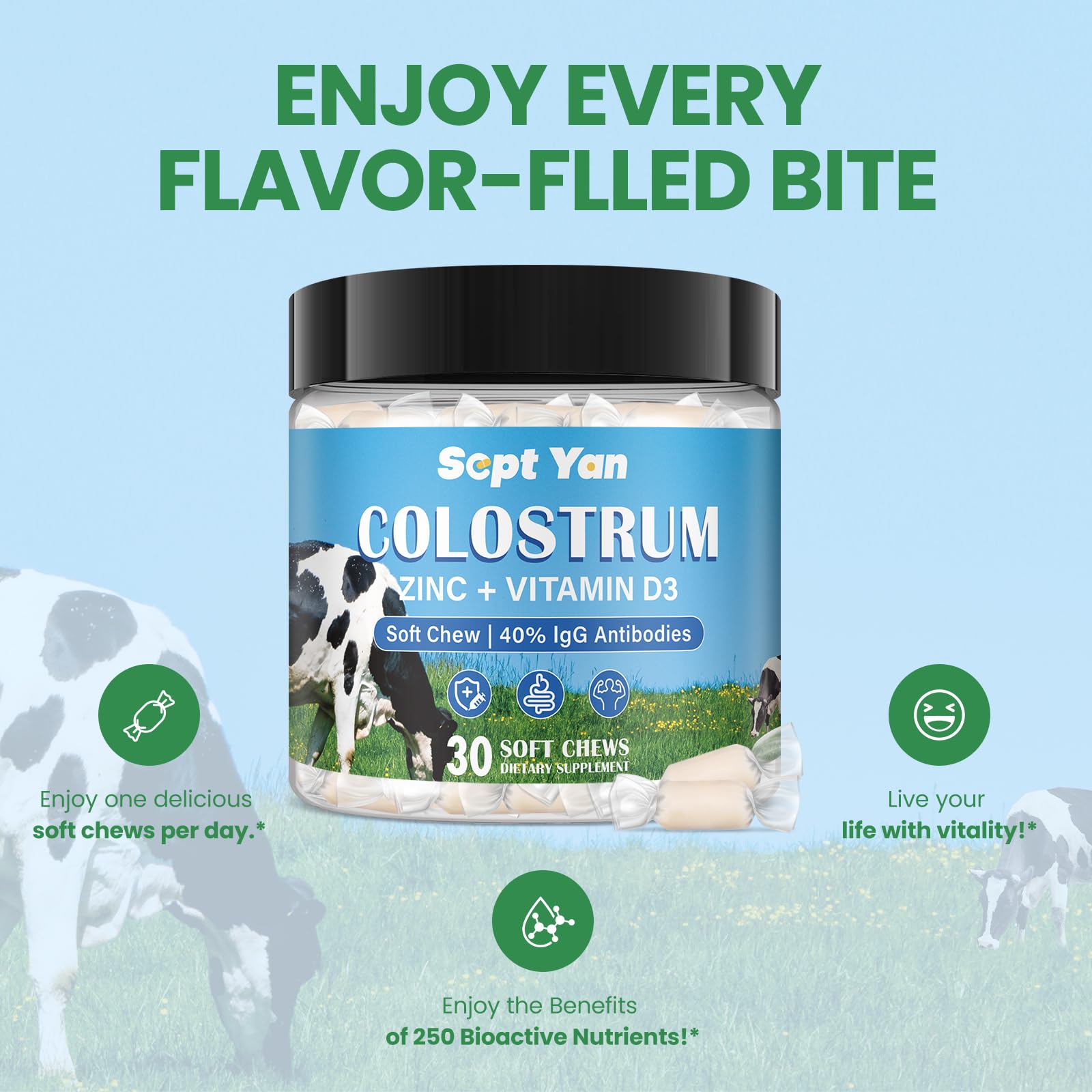 Colostrum Soft Chew Supplement (3000mg + 40% IgG), Concentrated Bovine Colostrum SEPT YAN uk supplements
