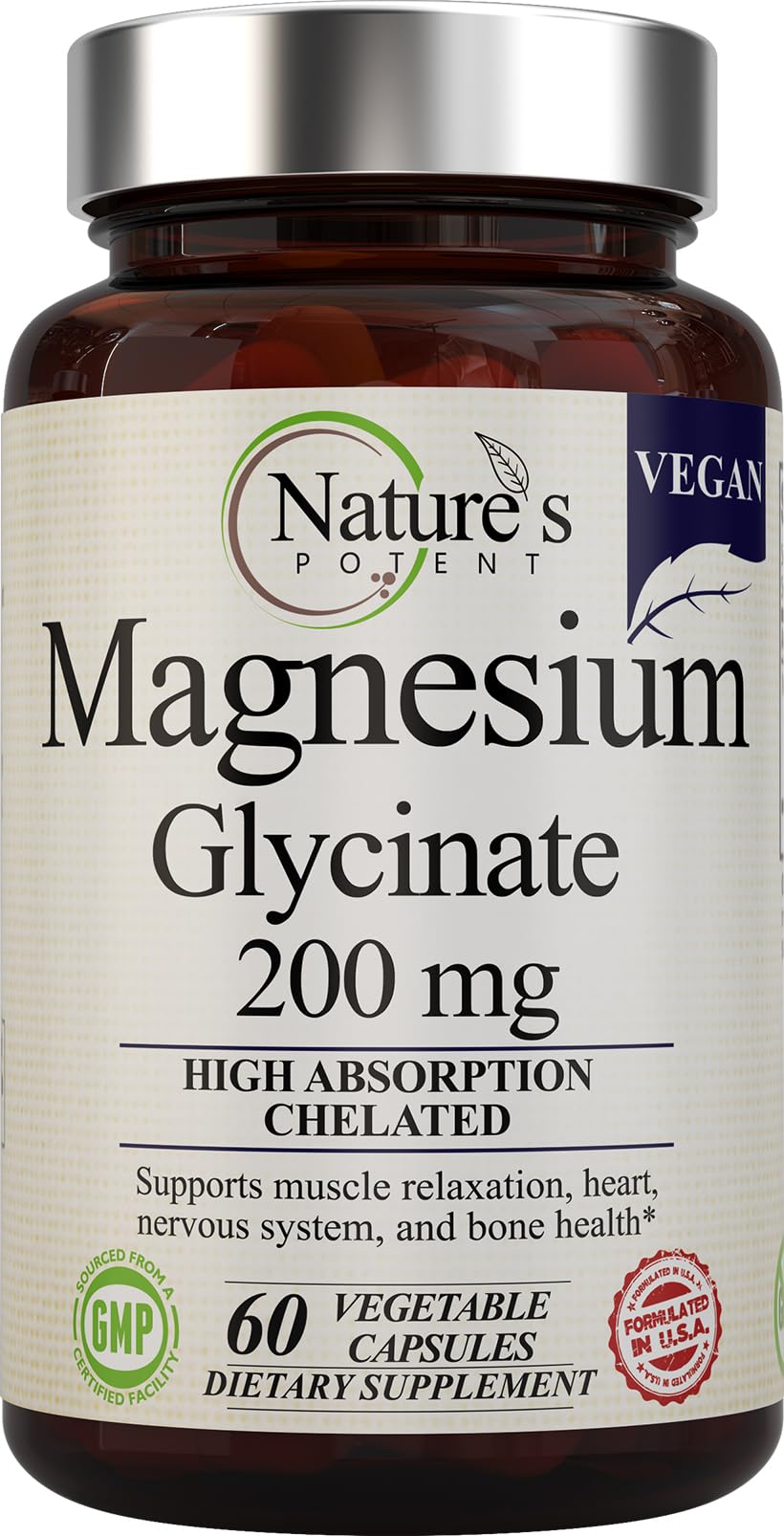Nature’s Potent Magnesium Glycinate 200mg | High Absorption Chelated Magnesium | Sleep, Calm & Muscle Cramp Support | Vegan Supplement | 60 Capsules Nature's Potent uk supplements