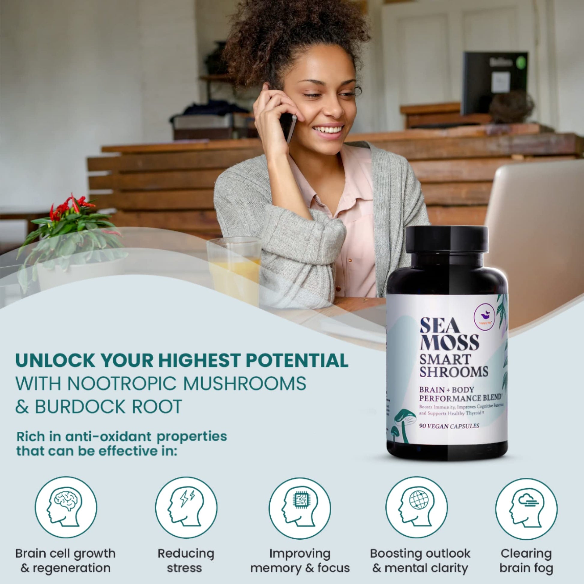 HAPPY FOX Irish Sea Moss Capsules & Mushroom Complex - Organic Seamoss with Adaptogens for Brain Health, 1500mg, 90 Vegan Capsules, Organic Mushroom Supplement HAPPY FOX uk supplements