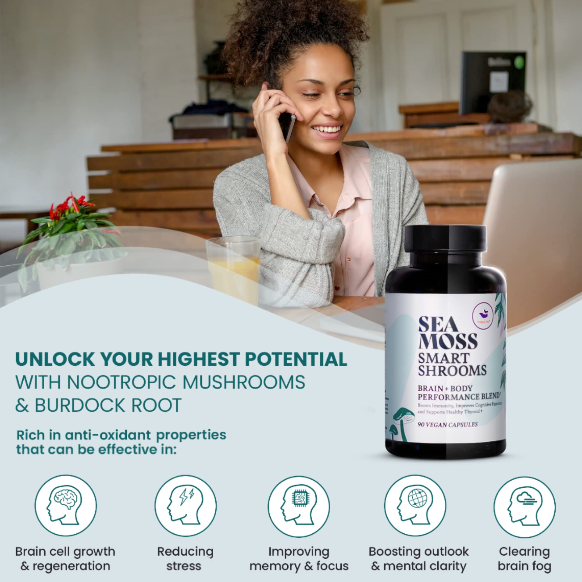 HAPPY FOX Irish Sea Moss Capsules & Mushroom Complex - Organic Seamoss with Adaptogens for Brain Health, 1500mg, 90 Vegan Capsules, Organic Mushroom Supplement HAPPY FOX uk supplements