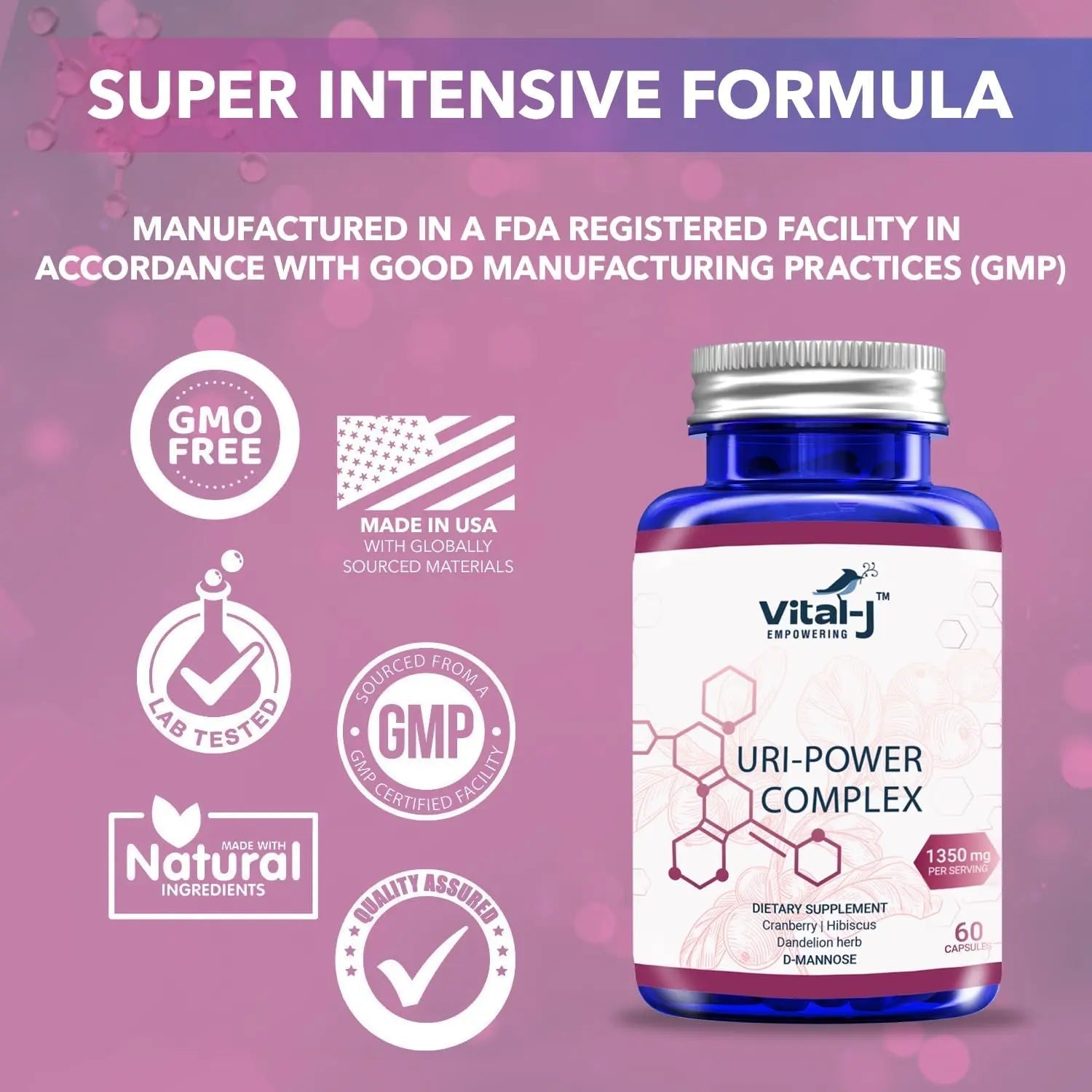 4-IN-1 URI POWER COMPLEX 1350mg - D Mannose, Cranberry, Hibiscus, and Dandelion Herb - Naturally Cleanse the Bladder and Urinary Tract 60 capsules – Specialized Approach for UTI Avoidance Vital-J Empowering uk supplements