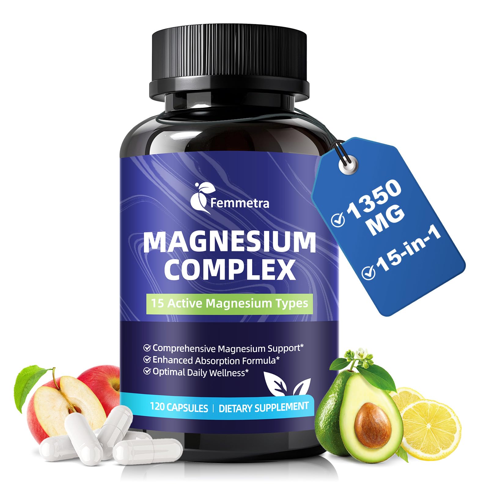 Magnesium Complex for Women Men 1350mg 15 in 1 Pure Magnesium Supplement, with High Absorption Chelated Magnesium Glycinate Citrate Malate & More for Muscle, Heart, Sleep & Bone Support, Vegan 60 Days Femmetra uk supplements
