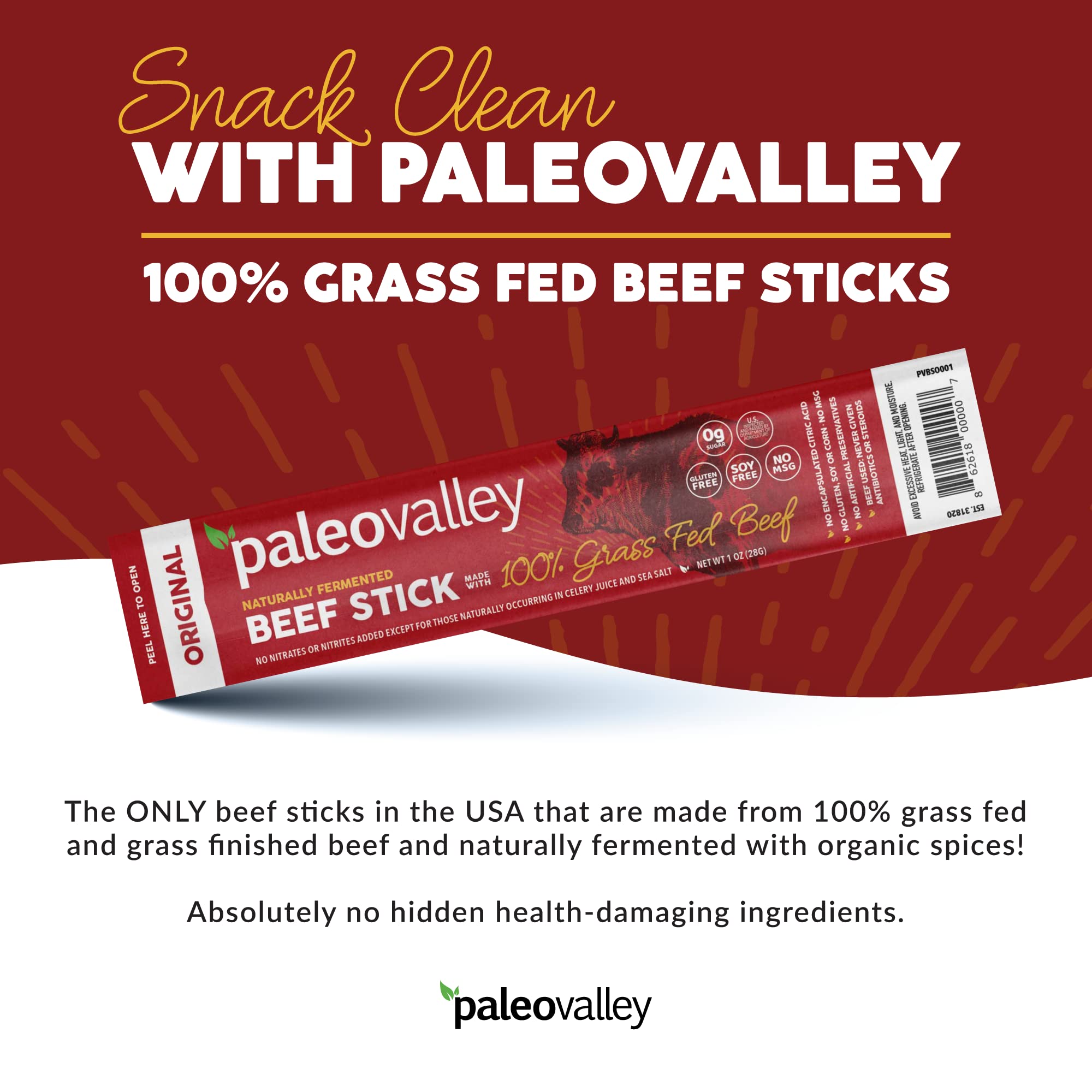 Paleovalley 100% Grass Fed Original Beef Sticks - Delicious Gluten Free Beef Snack - High Protein Keto Friendly Paleovalley uk supplements