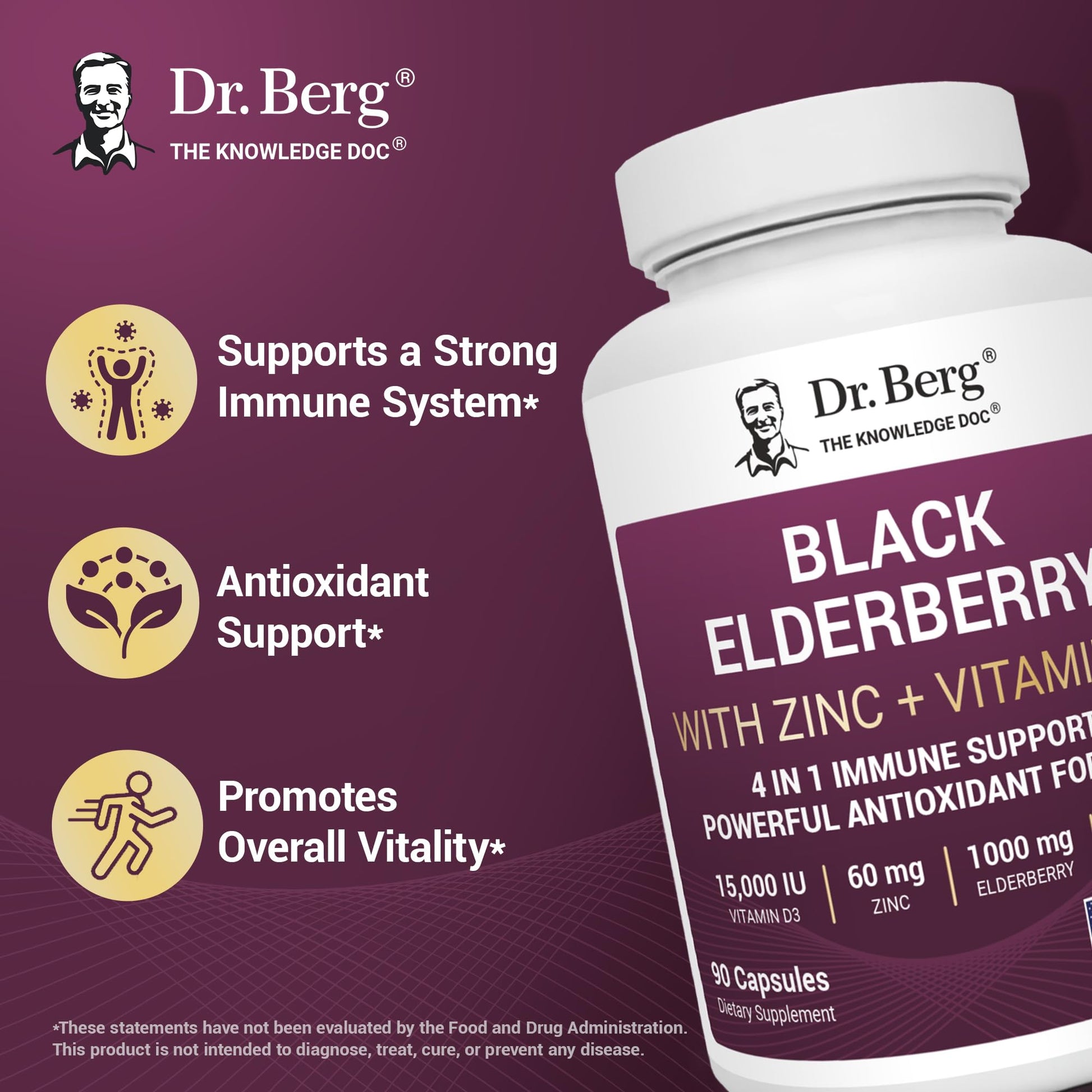 Dr. Berg Black Elderberry Capsules (Advanced Immune Support*) with 15,000 IU Vitamin D, 60 mg of Zinc, & 90 mg of Camu Camu - (4-in-1) Sambucus Elderberry Immune Support Supplement - 90 Capsules Dr. Berg Nutritionals uk supplements