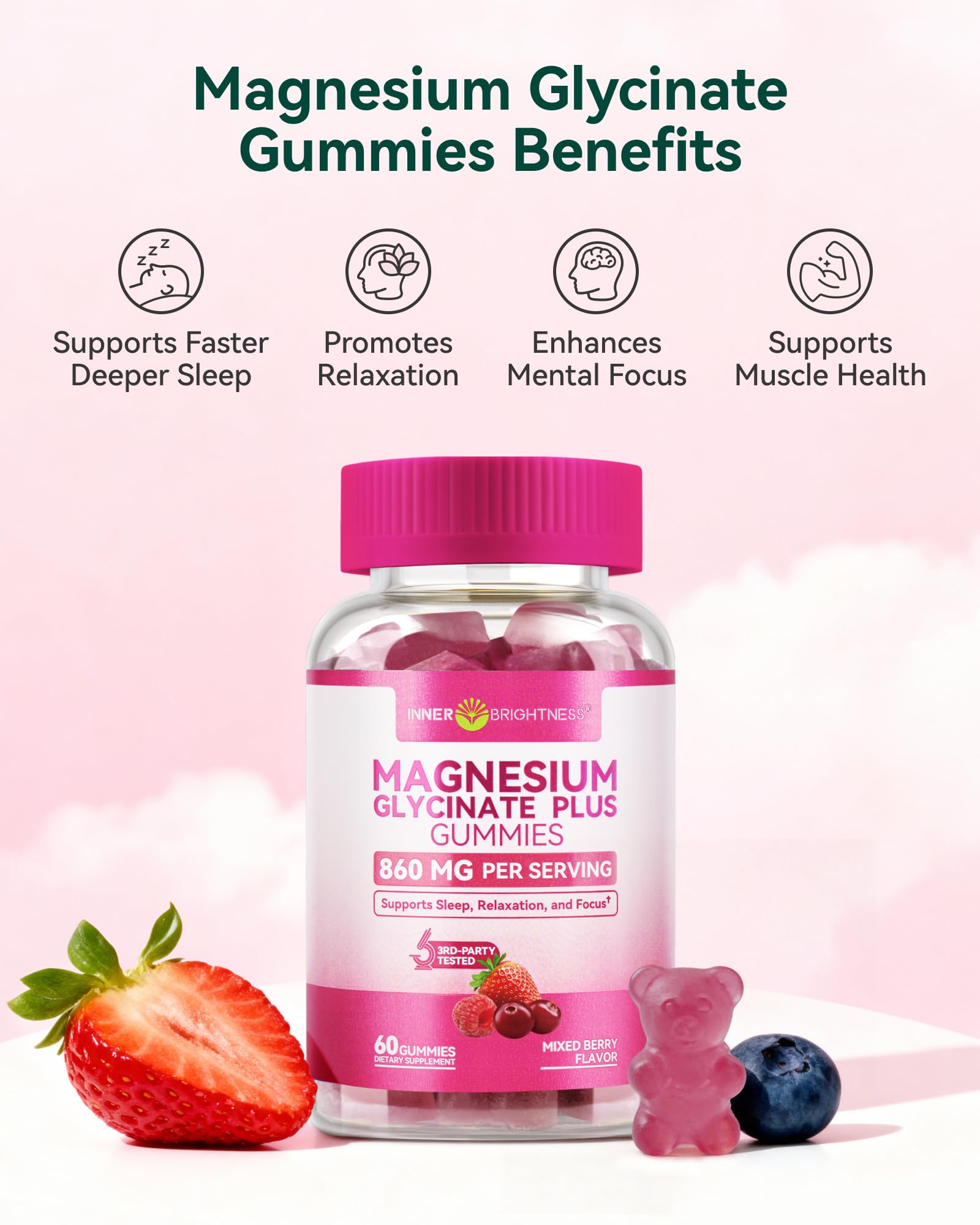 Magnesium Glycinate Plus Gummies 860mg, Sugar-Free, Non-GMO, Gluten-Free, Magnesium Gummies for Adults & Kids, Sleep, Relaxation & Focus, Magnesium Supplement for Women, Mixed Berry Flavor, 60 Count Inner Brightness uk supplements