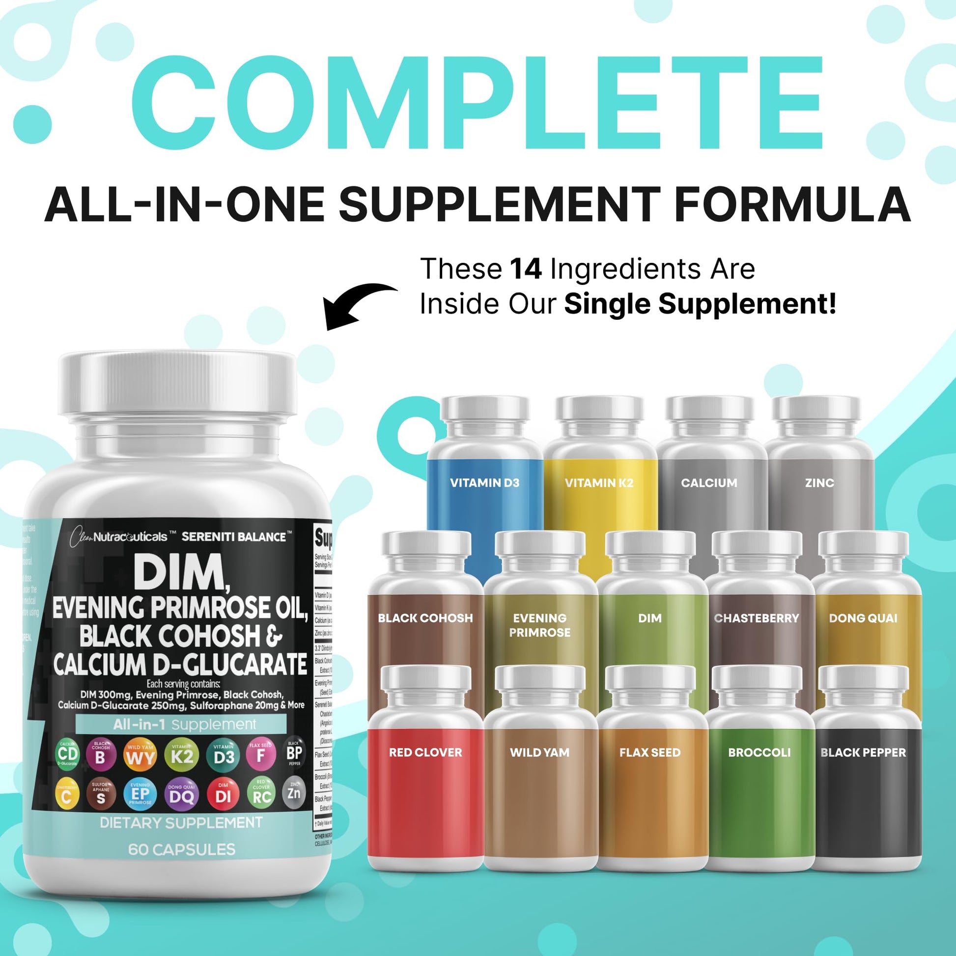 Clean Nutraceuticals DIM Evening Primrose Black Cohosh Calcium D-Glucarate Sulforaphane Flax Seed Extract - Hormonal Support Vitamins for Women with Dong Quai - 60 Caps Clean Nutraceuticals uk supplements