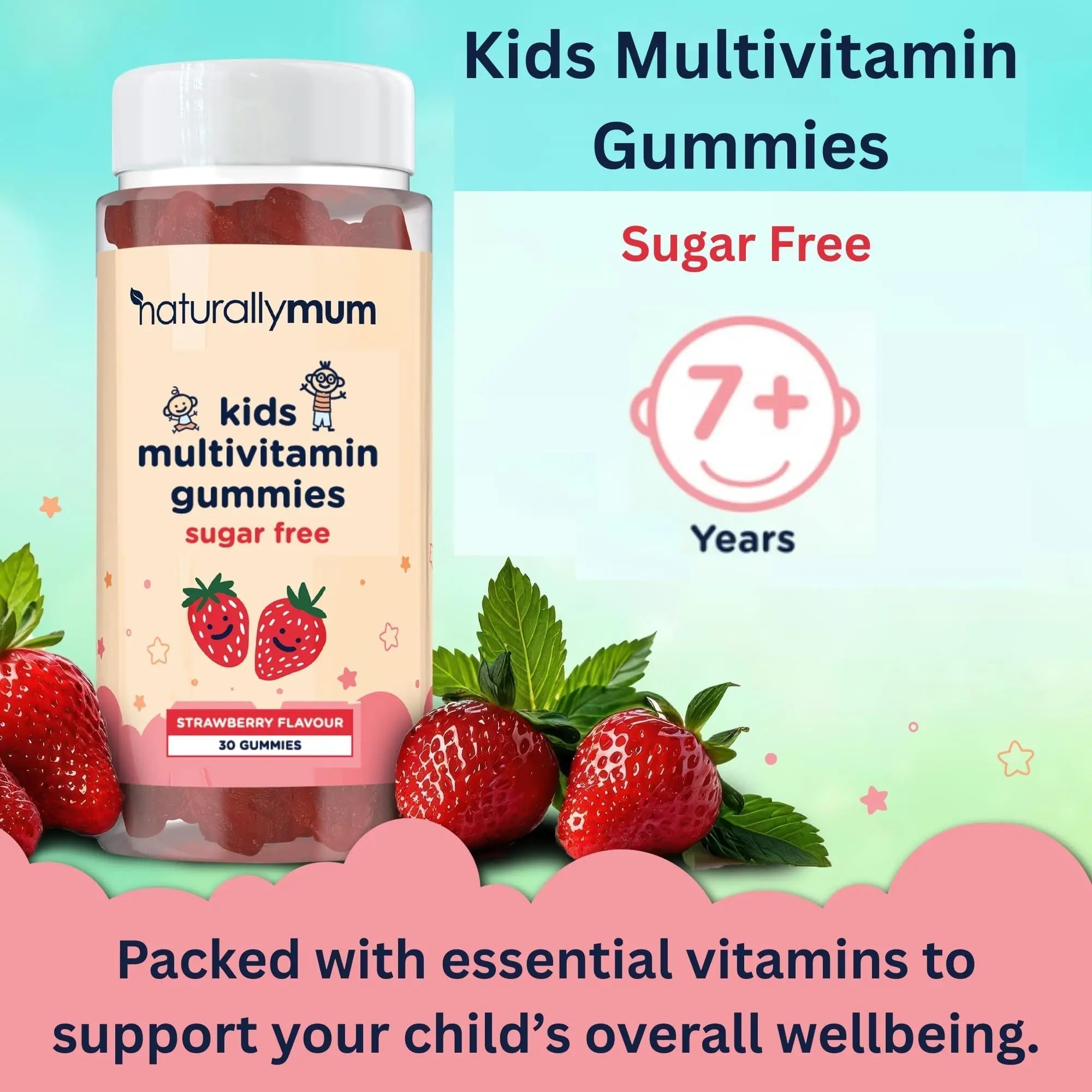 NaturallyMum Kids Multivitamin Gummies | for Children | Vegan Friendly | 30 Chewable Gummies | with Vitamins A, D, E, B6, B12, C | NaturallyMum uk supplements