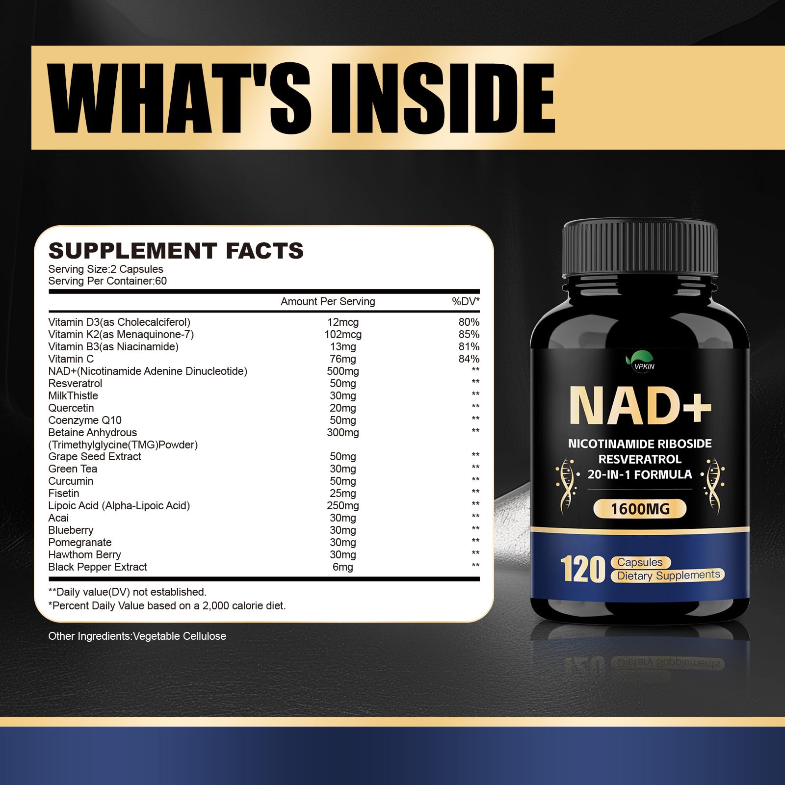 VPKIN NAD Supplement,1500mg NAD+ Supplement with Resveratrol,Nicotinamide,Quercetin,CoQ10,Support Energy & Repair, Vitality,Non-GMO, No Fillers(120 Capsules) VPKIN uk supplements