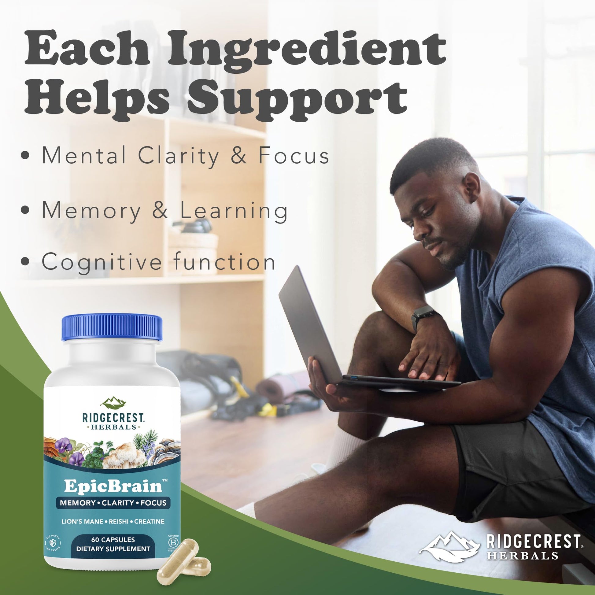 RidgeCrest Herbals EpicBrain, Natural Brain Support Supplement with Creatine Monohydrate, Lion's Mane, Reishi, Supports Mental Clarity, Memory, Focus, Stimulant-Free Nootropic (60 Count, 30 Servings) RidgeCrest Herbals uk supplements