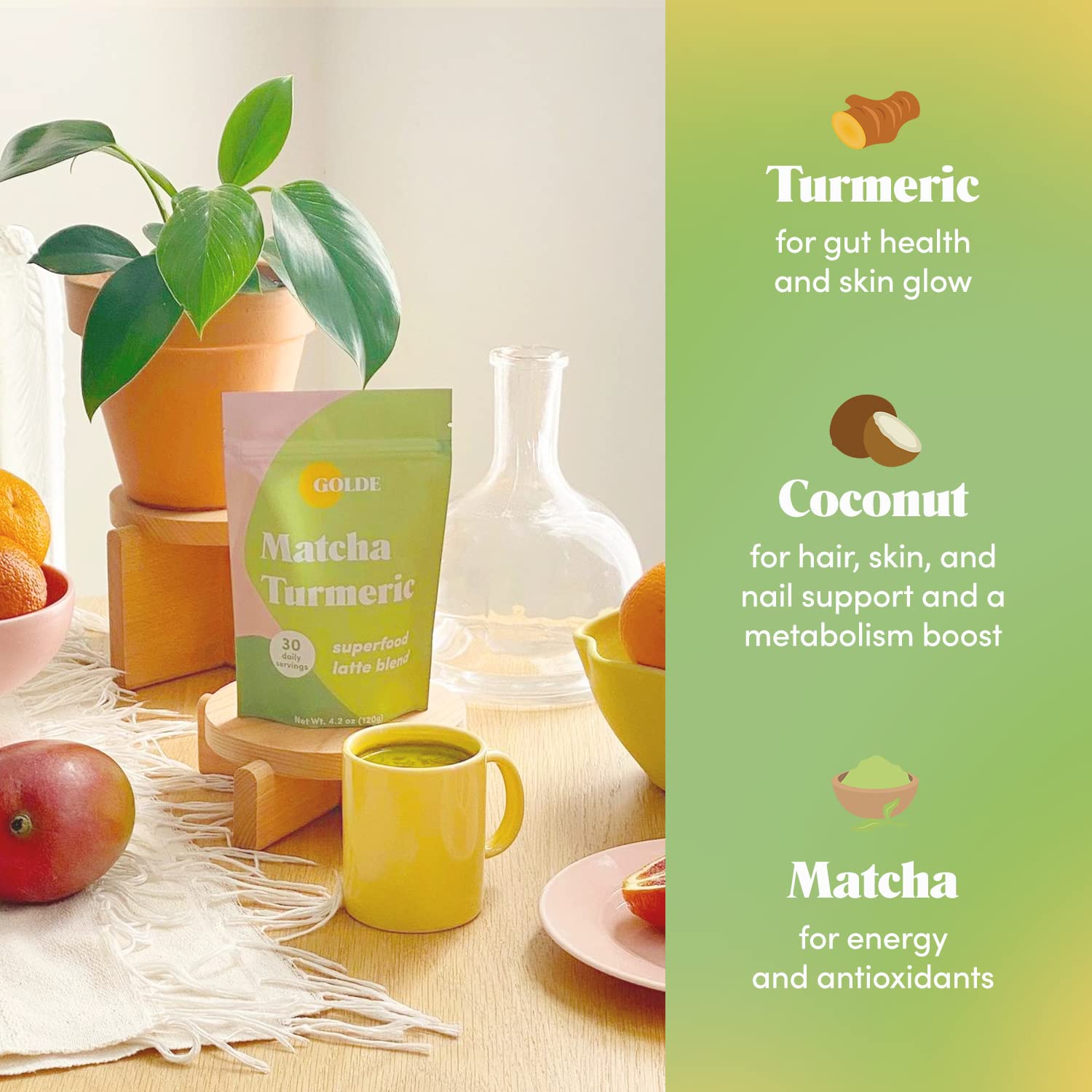 GOLDE - Superfood Latte Blend - Matcha Turmeric - Plant-Based w/Turmeric, Coconut, & Matcha - Stress Balance - Vegan, Keto, & Sugar-Free - 30 Servings GOLDE uk supplements